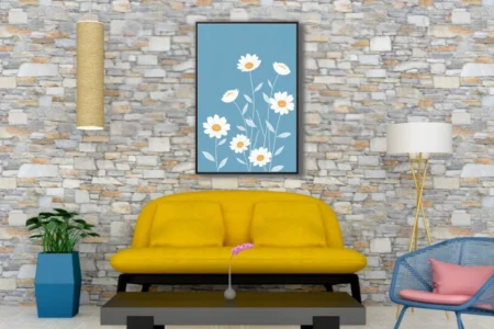 Minimalist flat-style white daisy botanical illustration on soft blue background