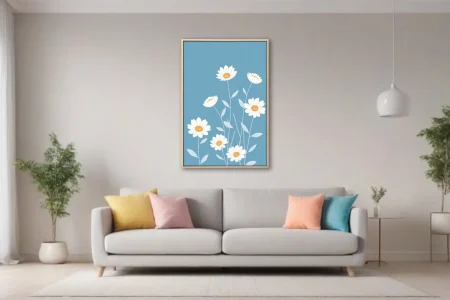 Minimalist flat-style white daisy botanical illustration on soft blue background