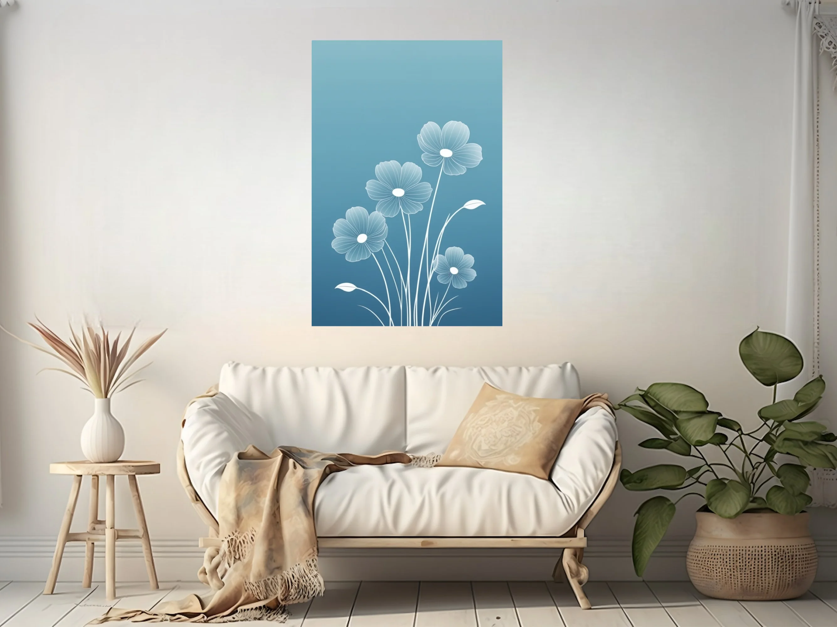 Minimalist white line-art floral illustration on blue gradient background