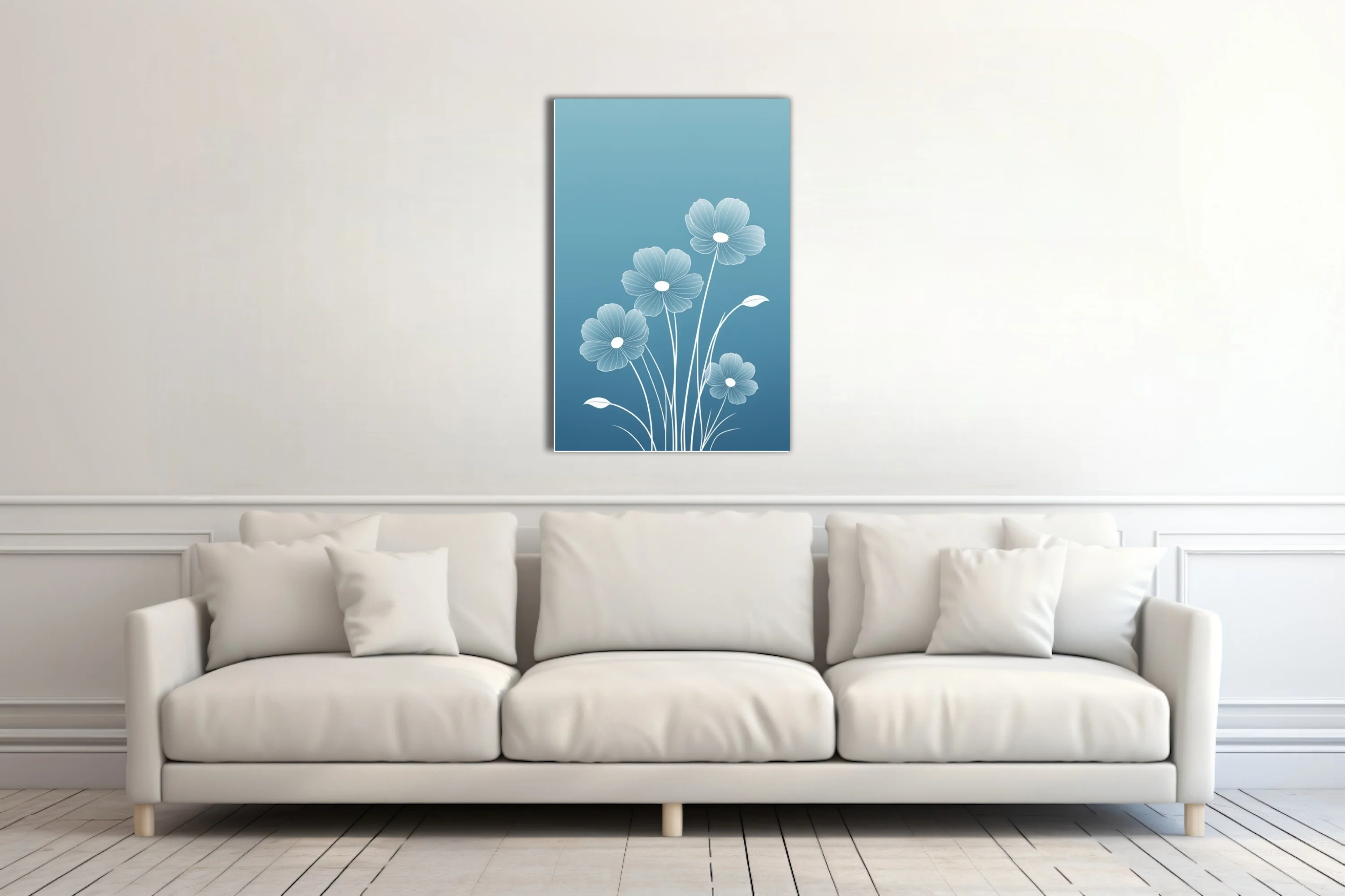 Minimalist white line-art floral illustration on blue gradient background
