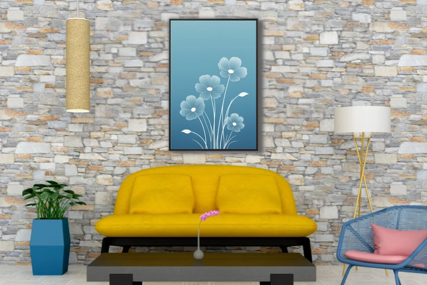 Minimalist white line-art floral illustration on blue gradient background