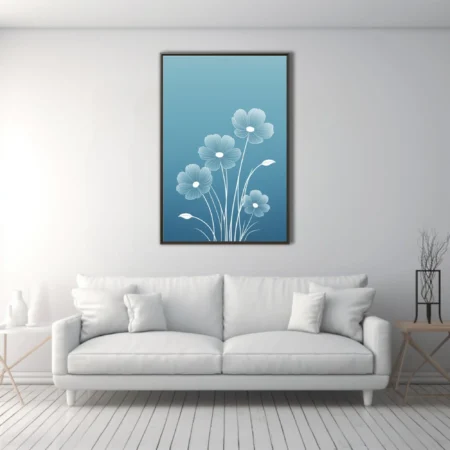 Minimalist white line-art floral illustration on blue gradient background