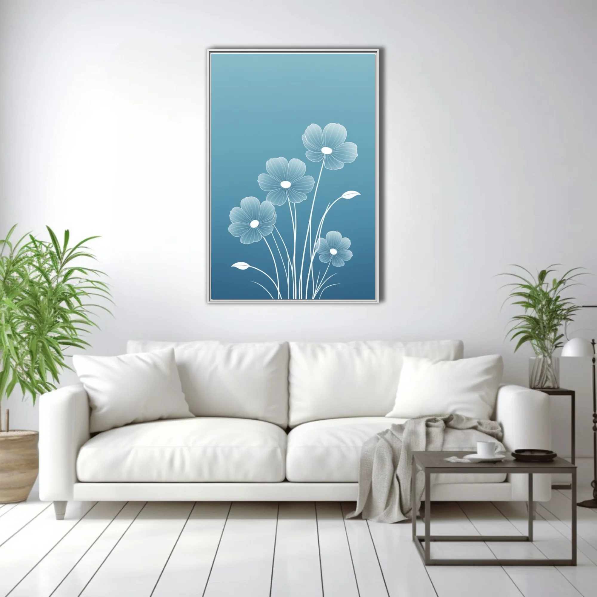 Minimalist white line-art floral illustration on blue gradient background