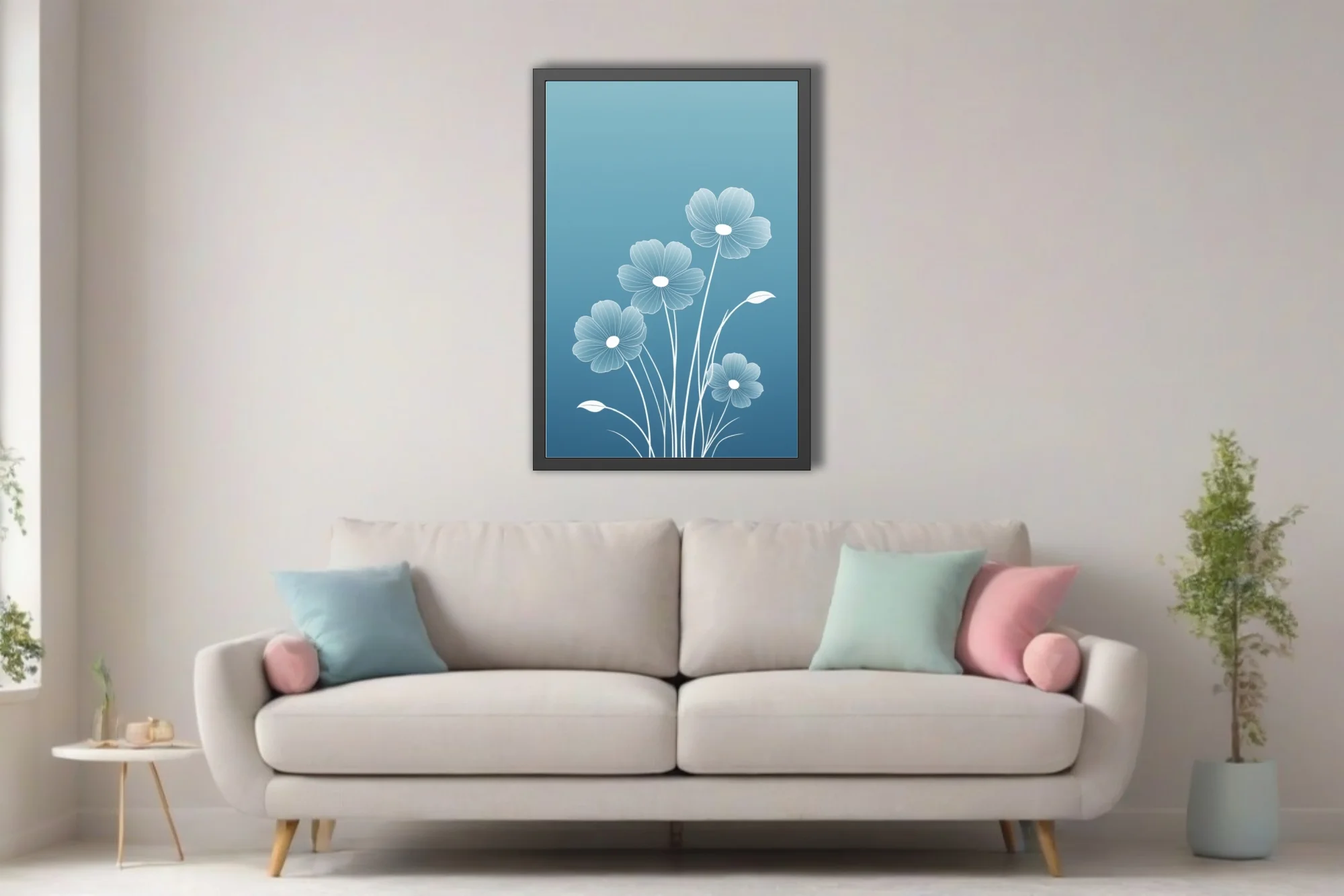 Minimalist white line-art floral illustration on blue gradient background