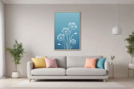 Minimalist white line-art floral illustration on blue gradient background