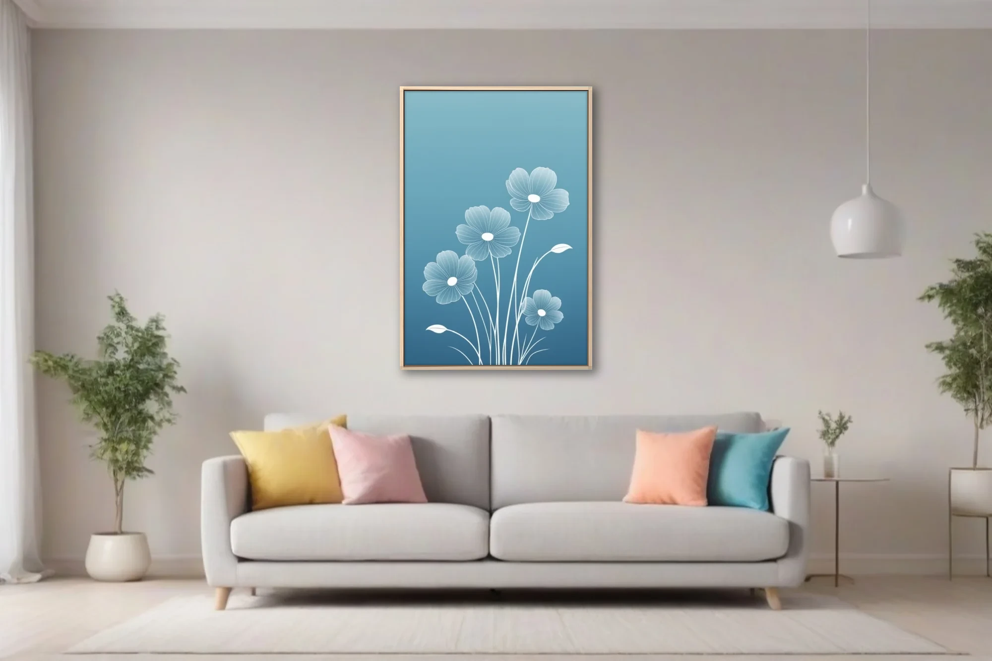 Minimalist white line-art floral illustration on blue gradient background