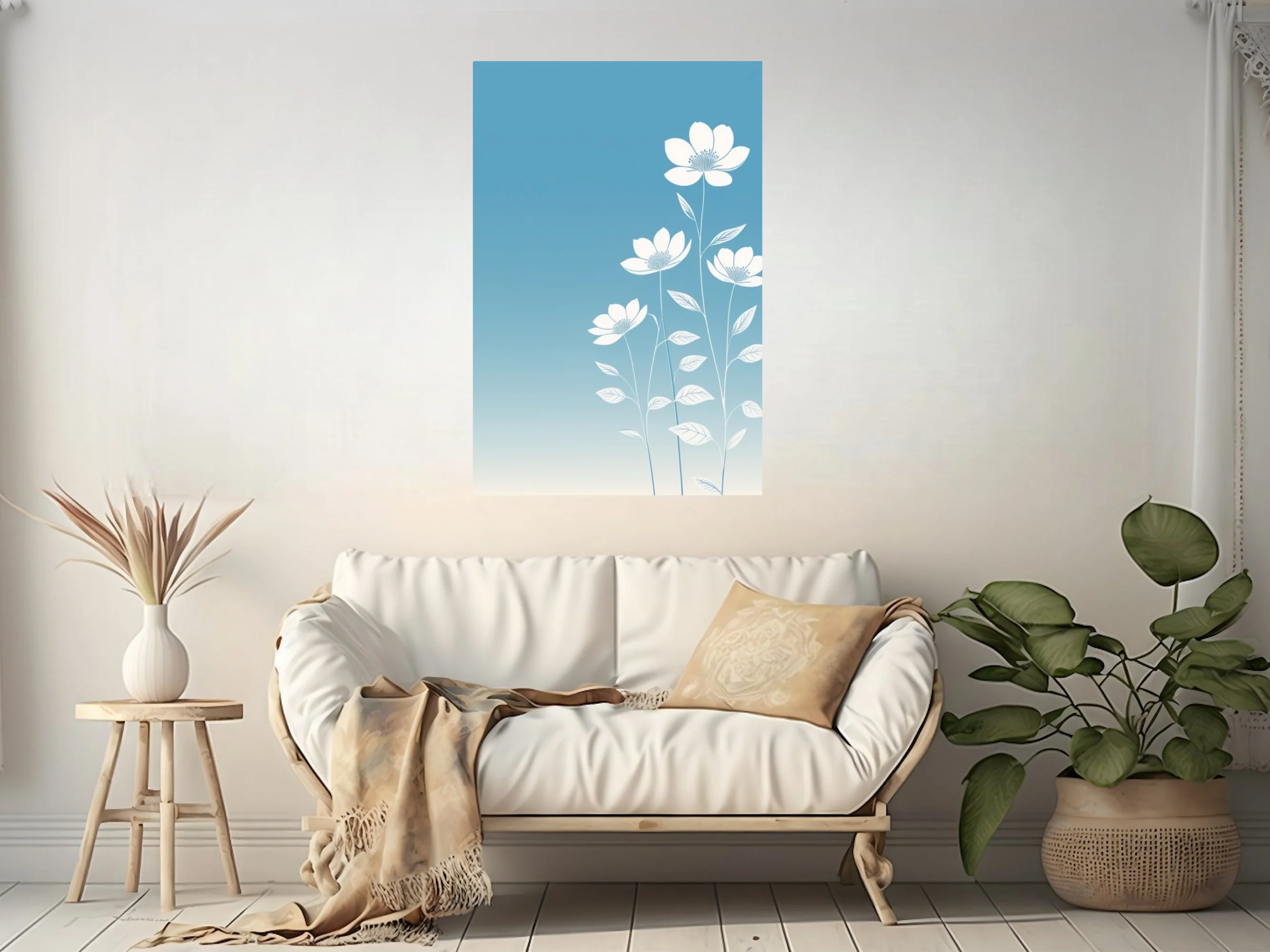 Minimalist white botanical flowers on soft blue gradient background — modern floral wall art