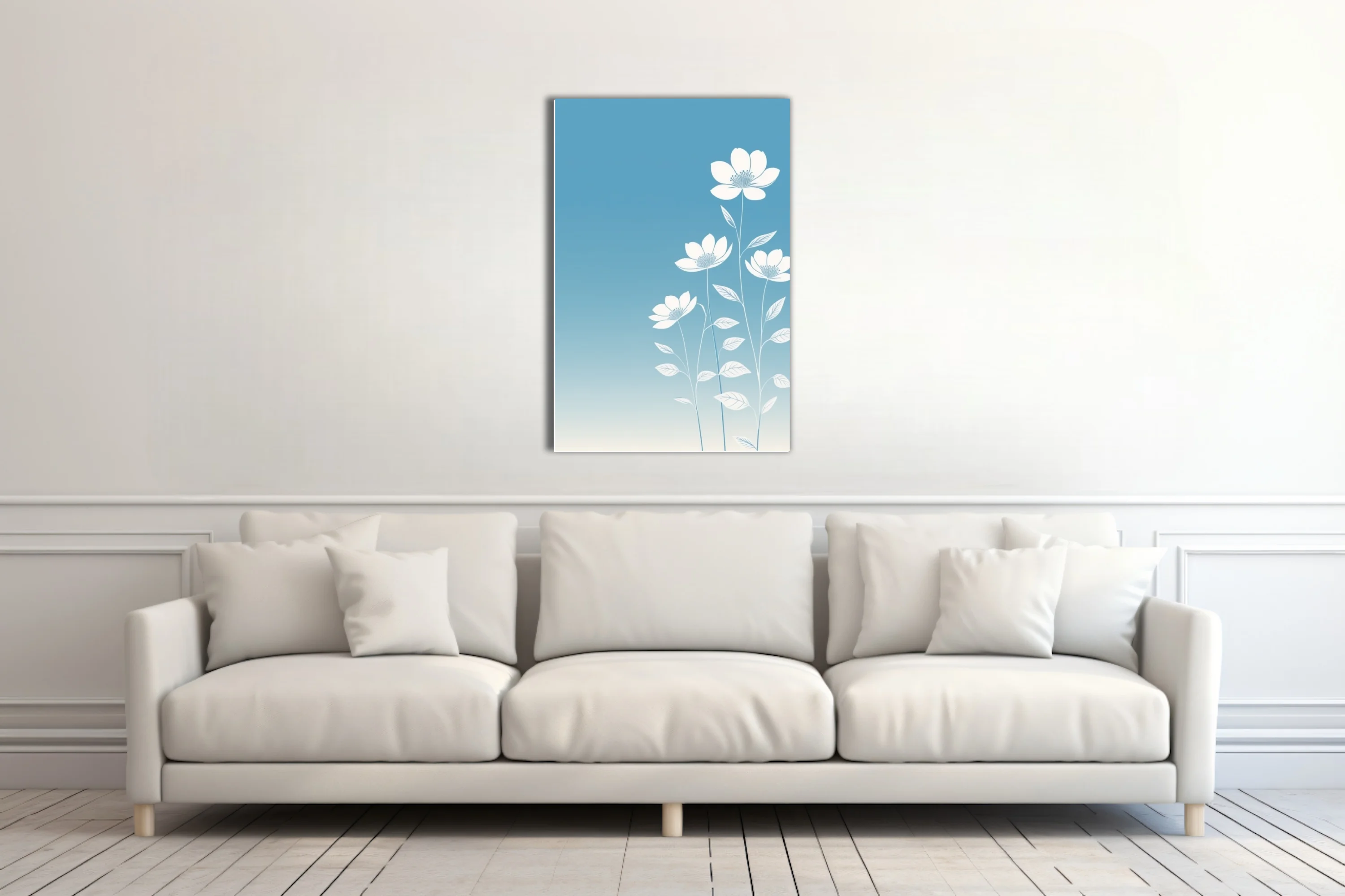 Minimalist white botanical flowers on soft blue gradient background — modern floral wall art