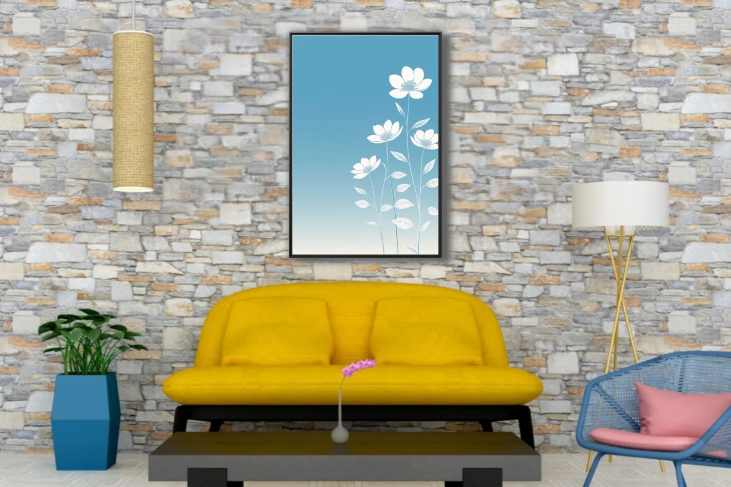 Minimalist white botanical flowers on soft blue gradient background — modern floral wall art