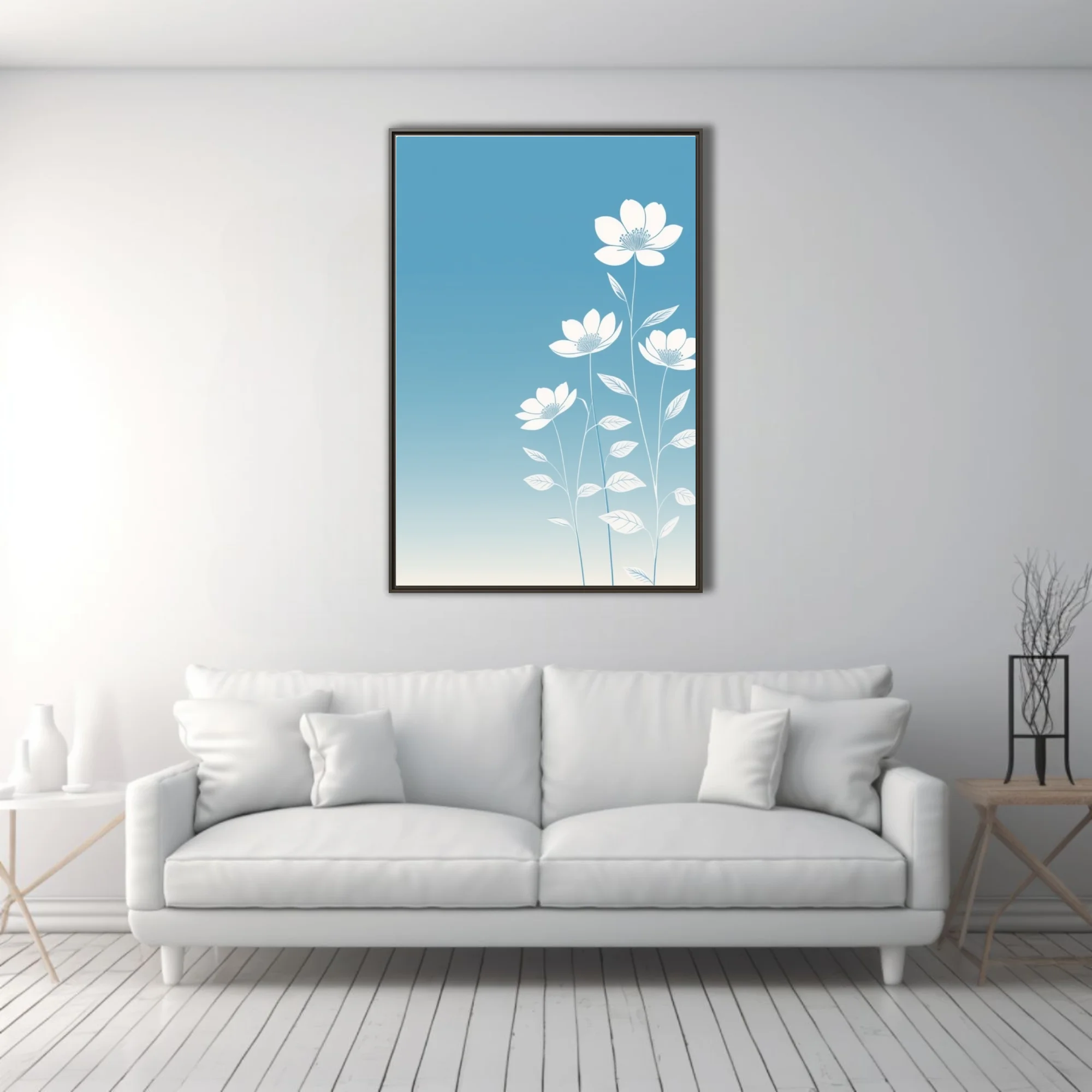 Minimalist white botanical flowers on soft blue gradient background — modern floral wall art