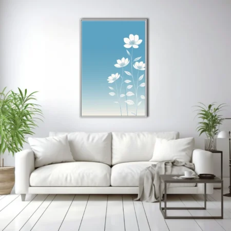 Minimalist white botanical flowers on soft blue gradient background — modern floral wall art