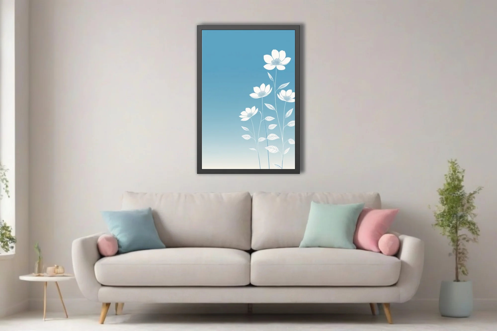 Minimalist white botanical flowers on soft blue gradient background — modern floral wall art