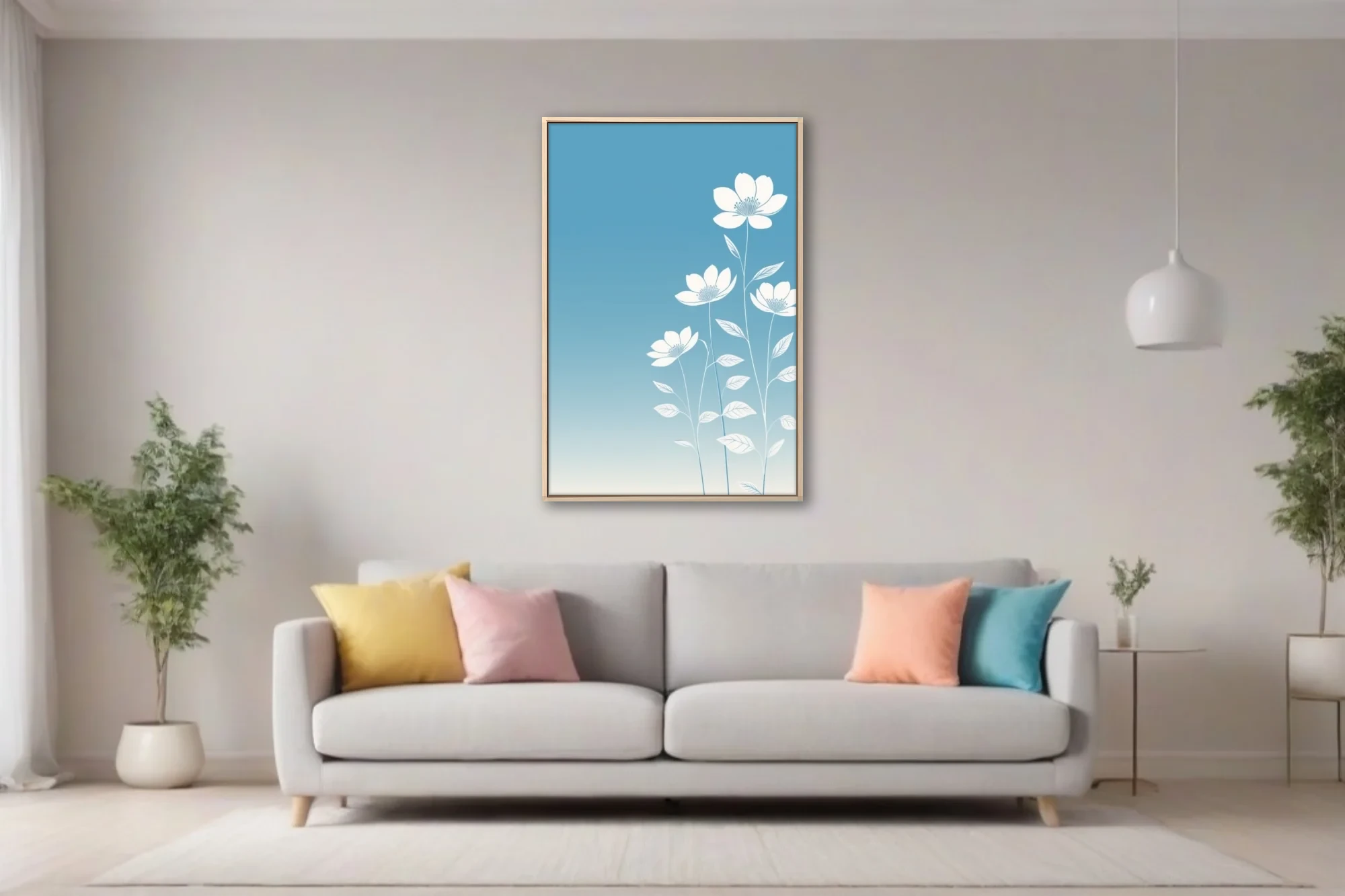 Minimalist white botanical flowers on soft blue gradient background — modern floral wall art