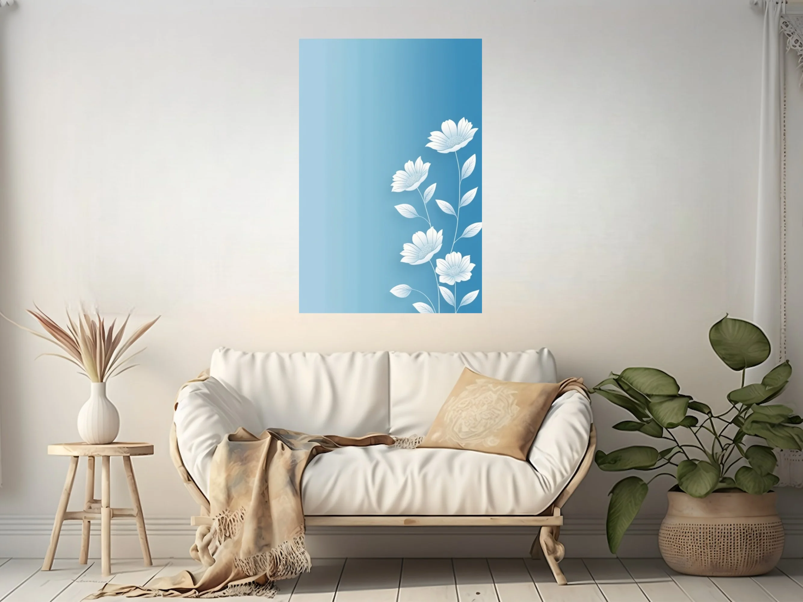 Minimalist white botanical flowers on soft blue gradient background — clean line art