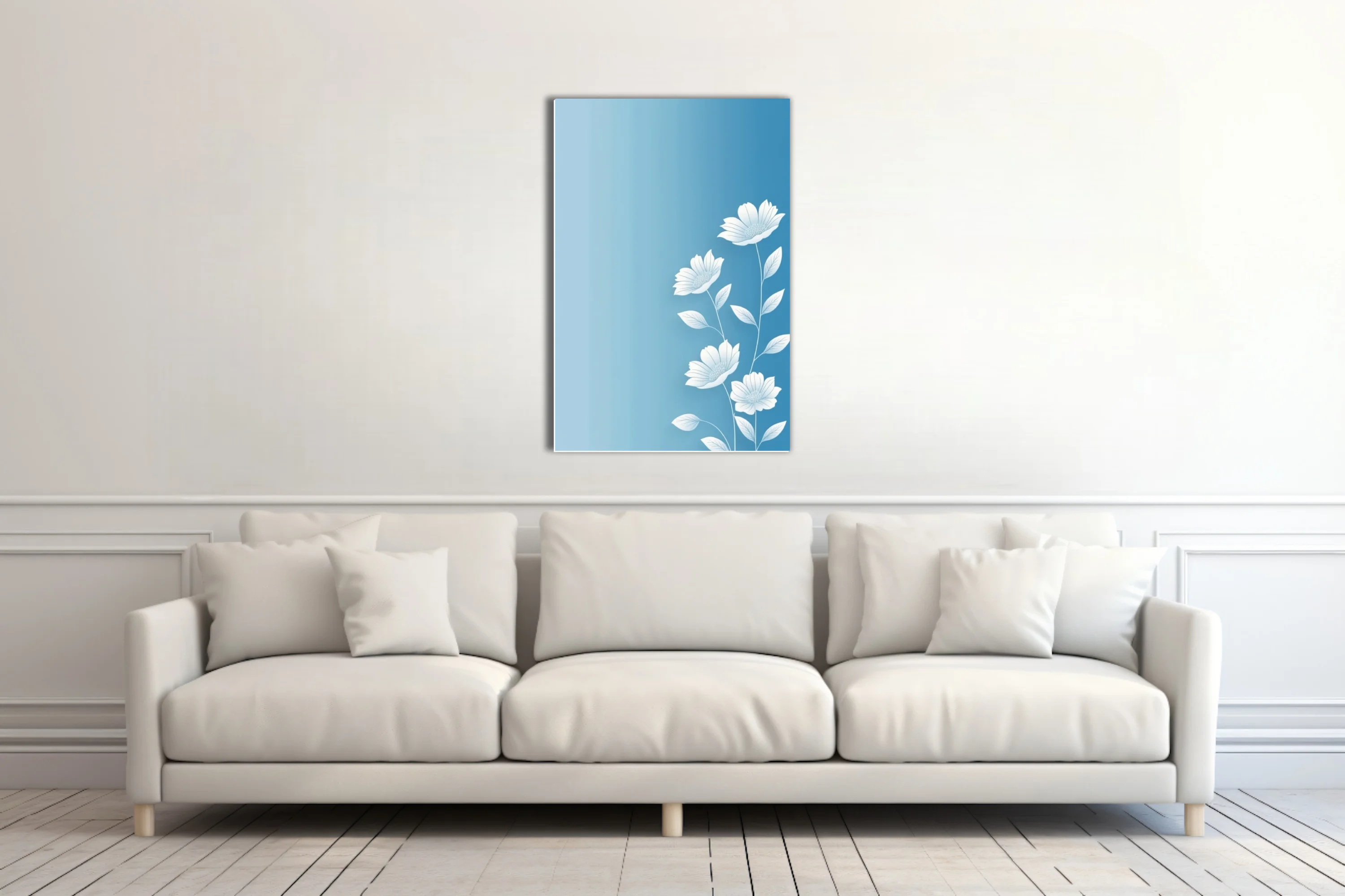 Minimalist white botanical flowers on soft blue gradient background — clean line art