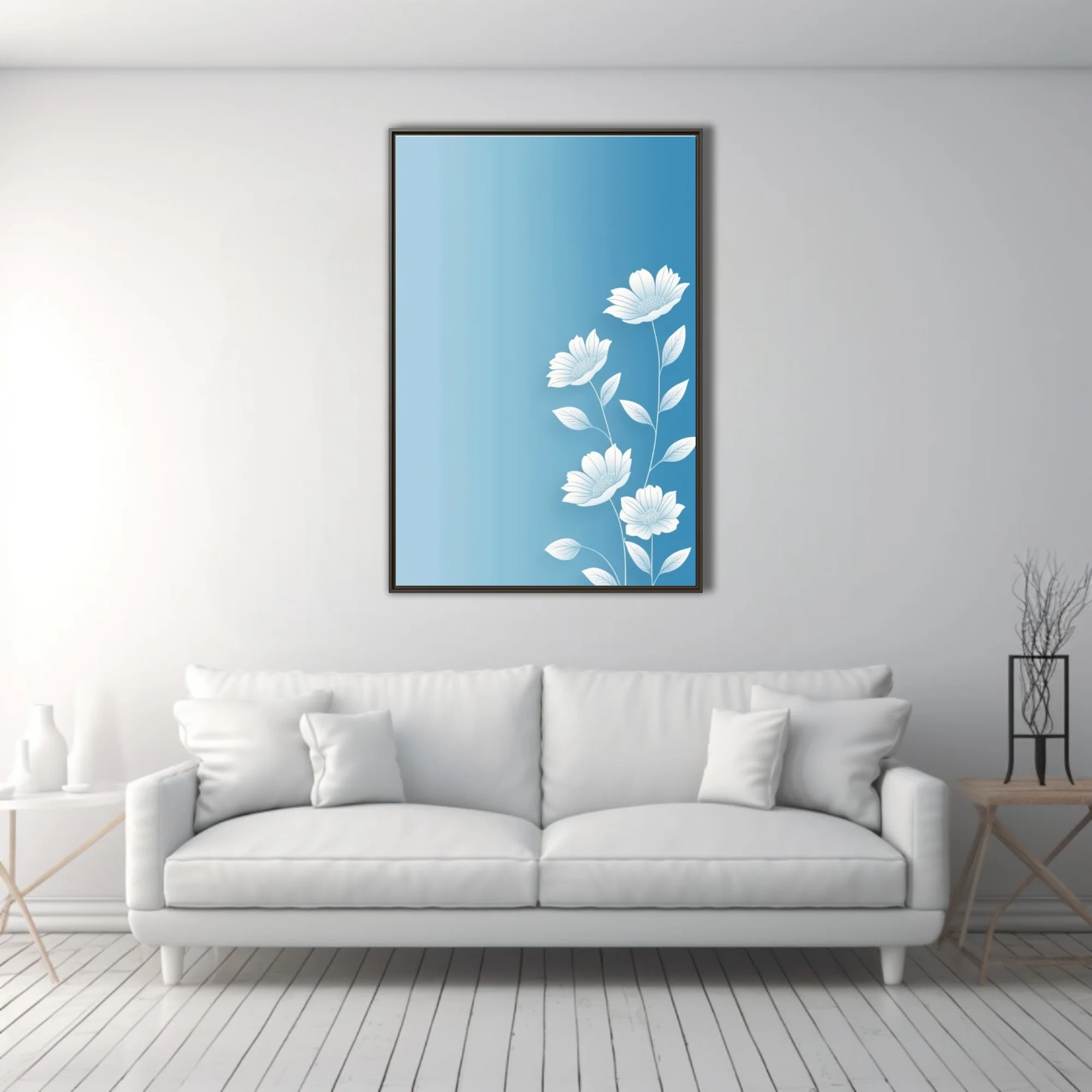 Minimalist white botanical flowers on soft blue gradient background — clean line art