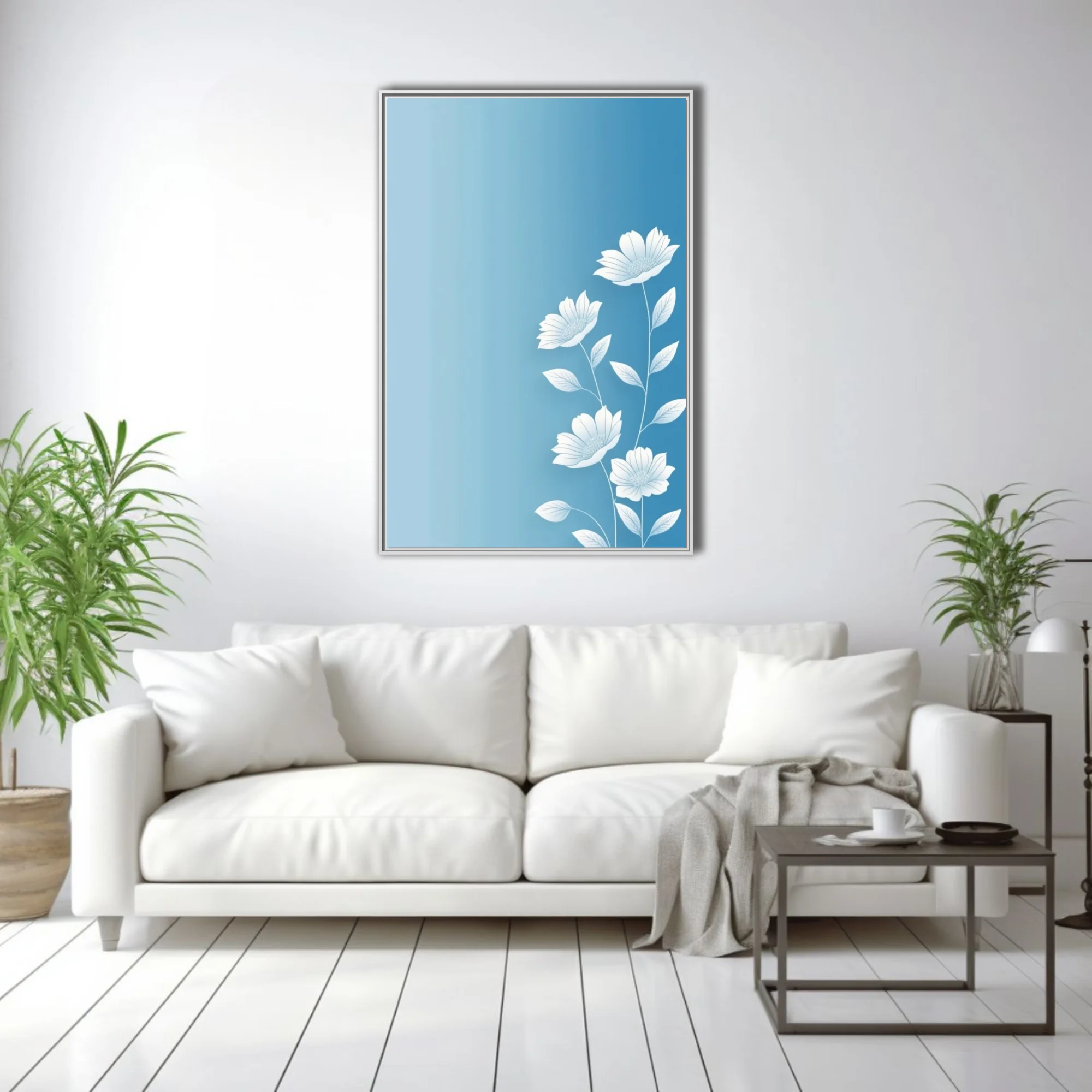 Minimalist white botanical flowers on soft blue gradient background — clean line art