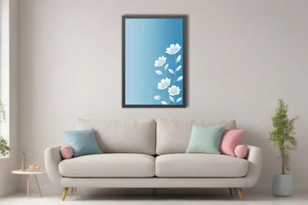Minimalist white botanical flowers on soft blue gradient background — clean line art