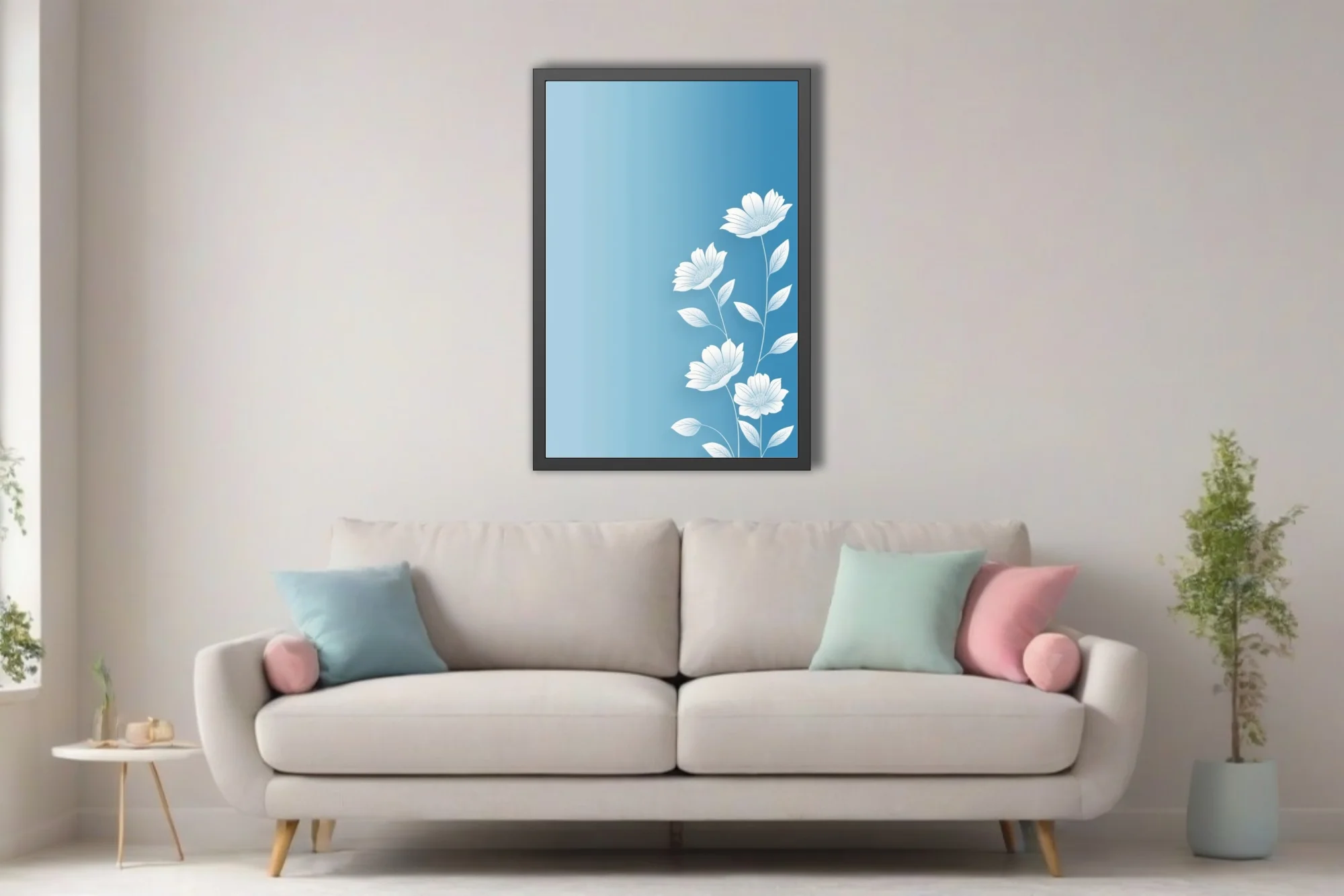 Minimalist white botanical flowers on soft blue gradient background — clean line art