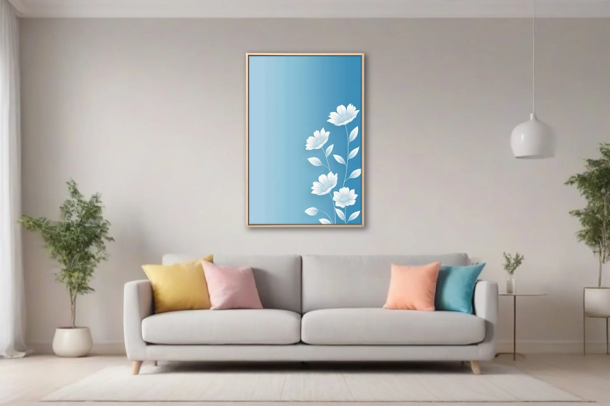 Minimalist white botanical flowers on soft blue gradient background — clean line art