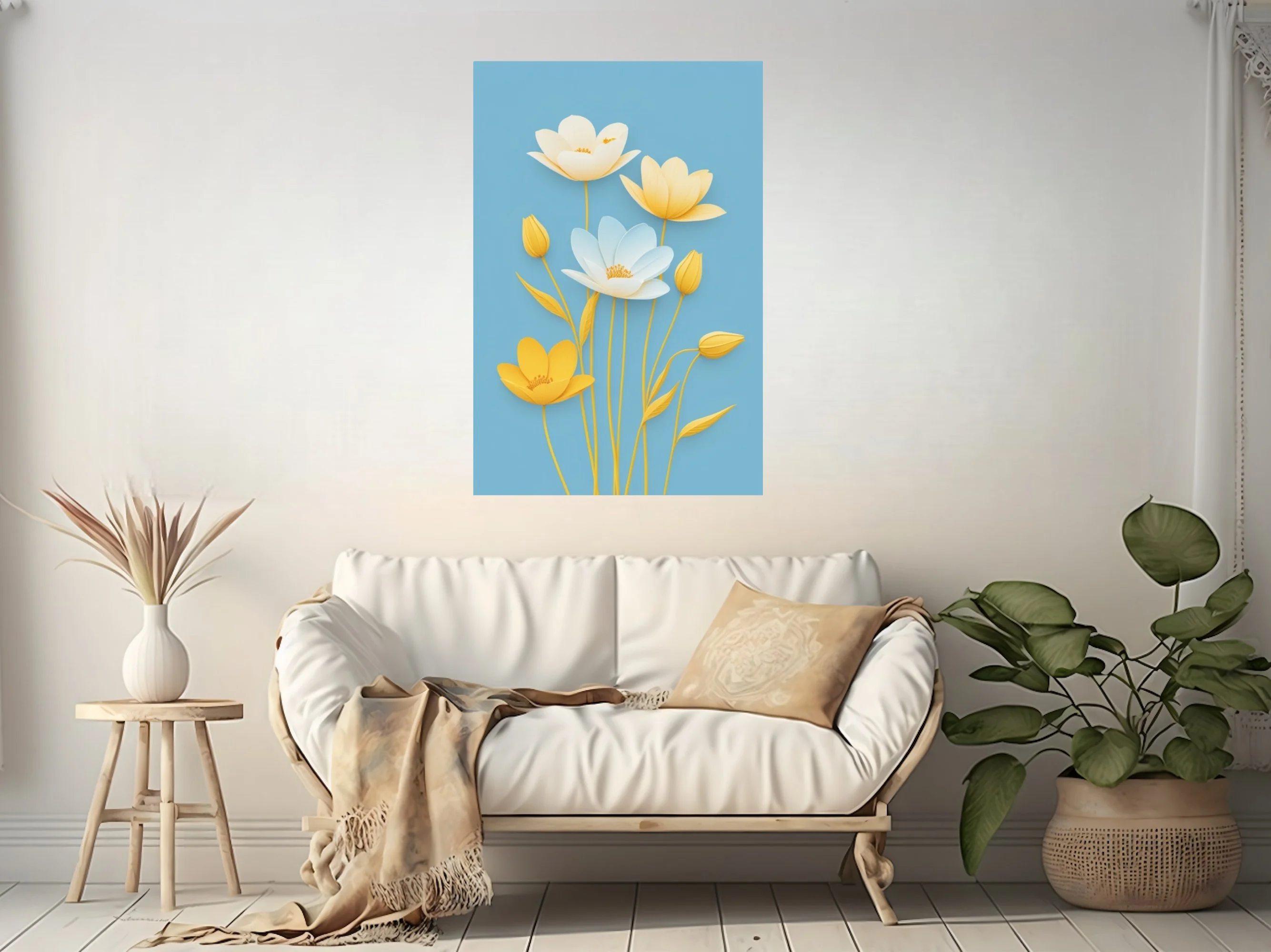 Paper-craft-style floral art, yellow and white blooms on soft blue background