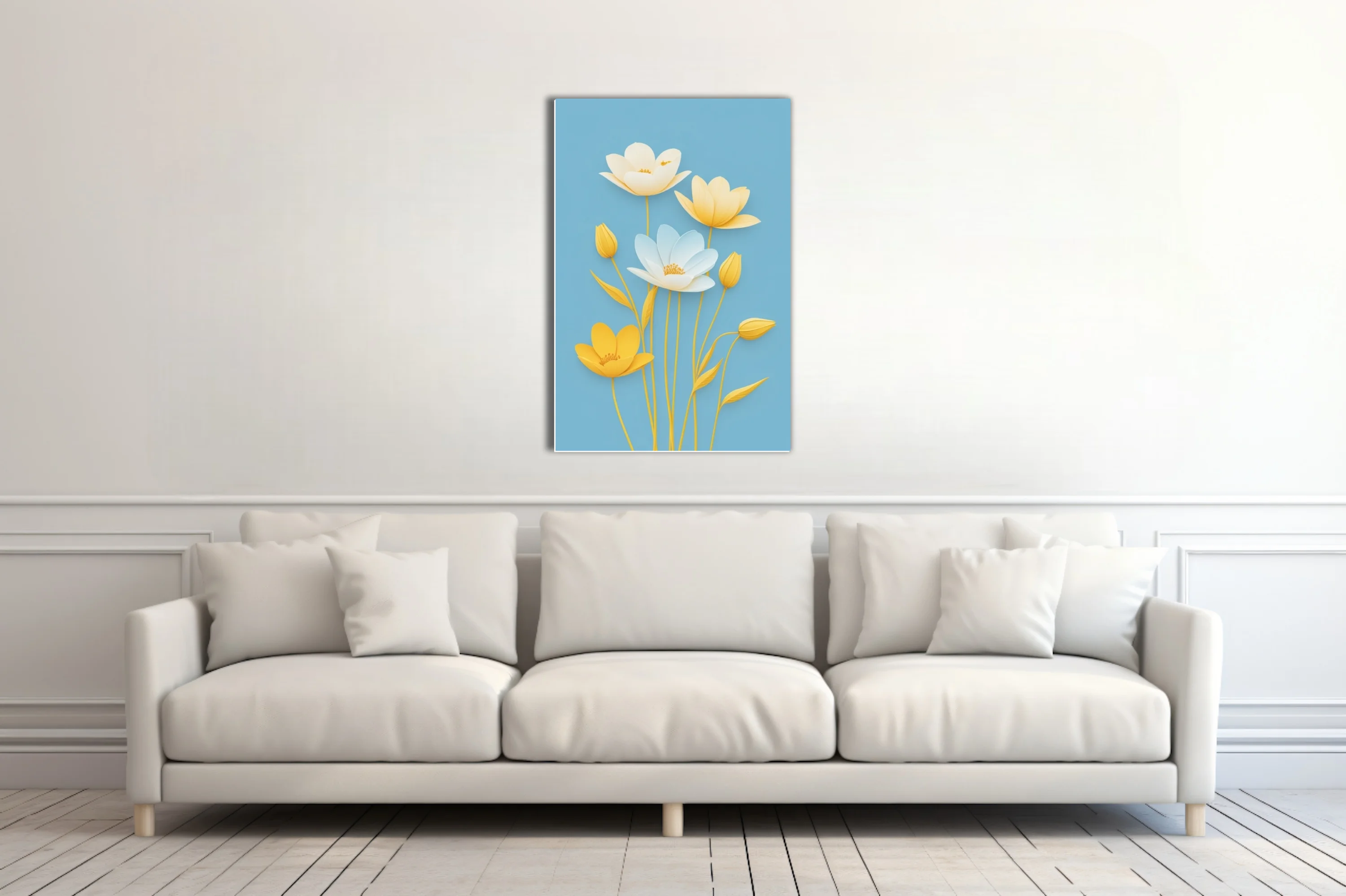 Paper-craft-style floral art, yellow and white blooms on soft blue background