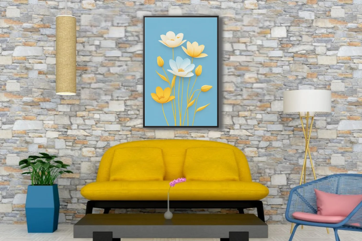 Paper-craft-style floral art, yellow and white blooms on soft blue background