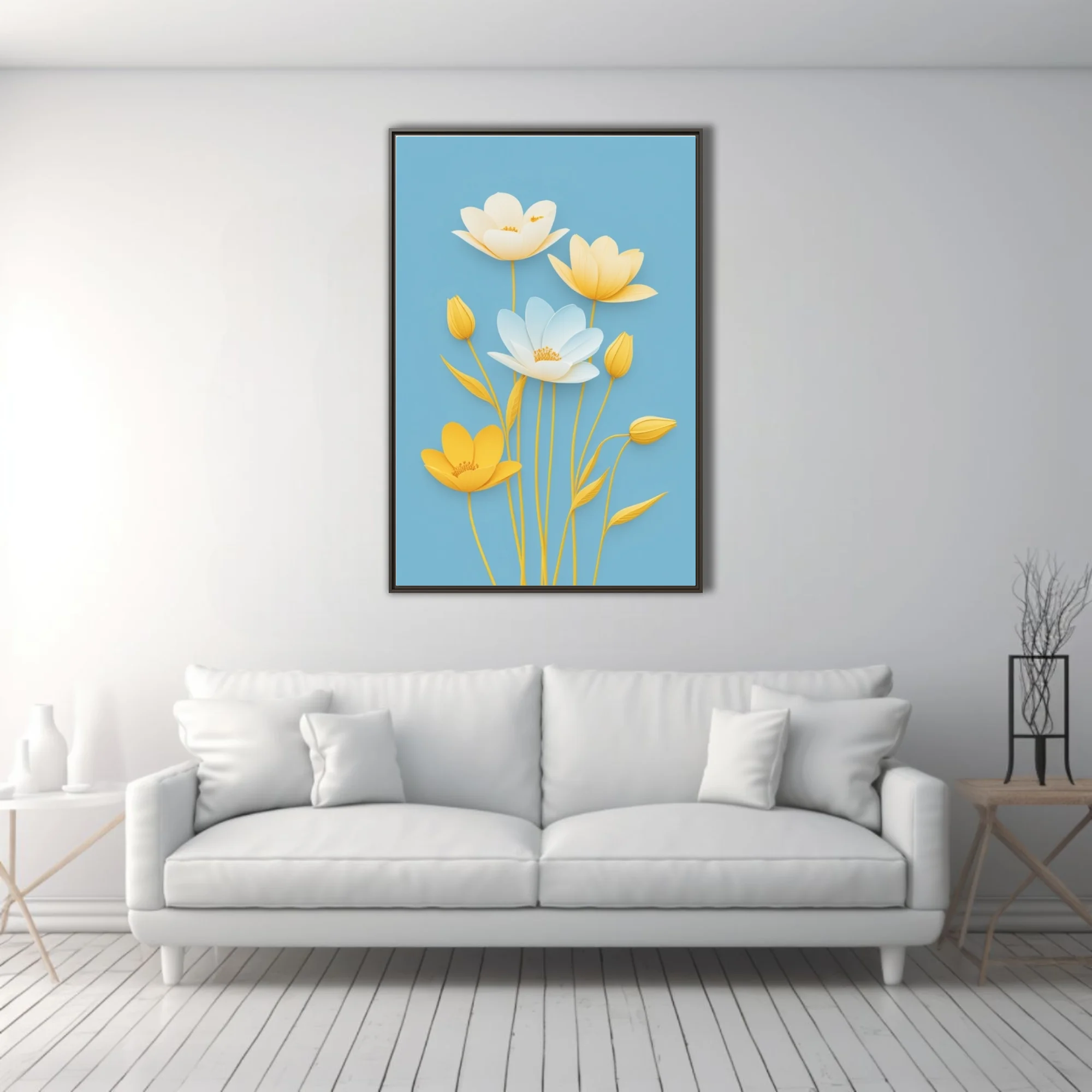 Paper-craft-style floral art, yellow and white blooms on soft blue background
