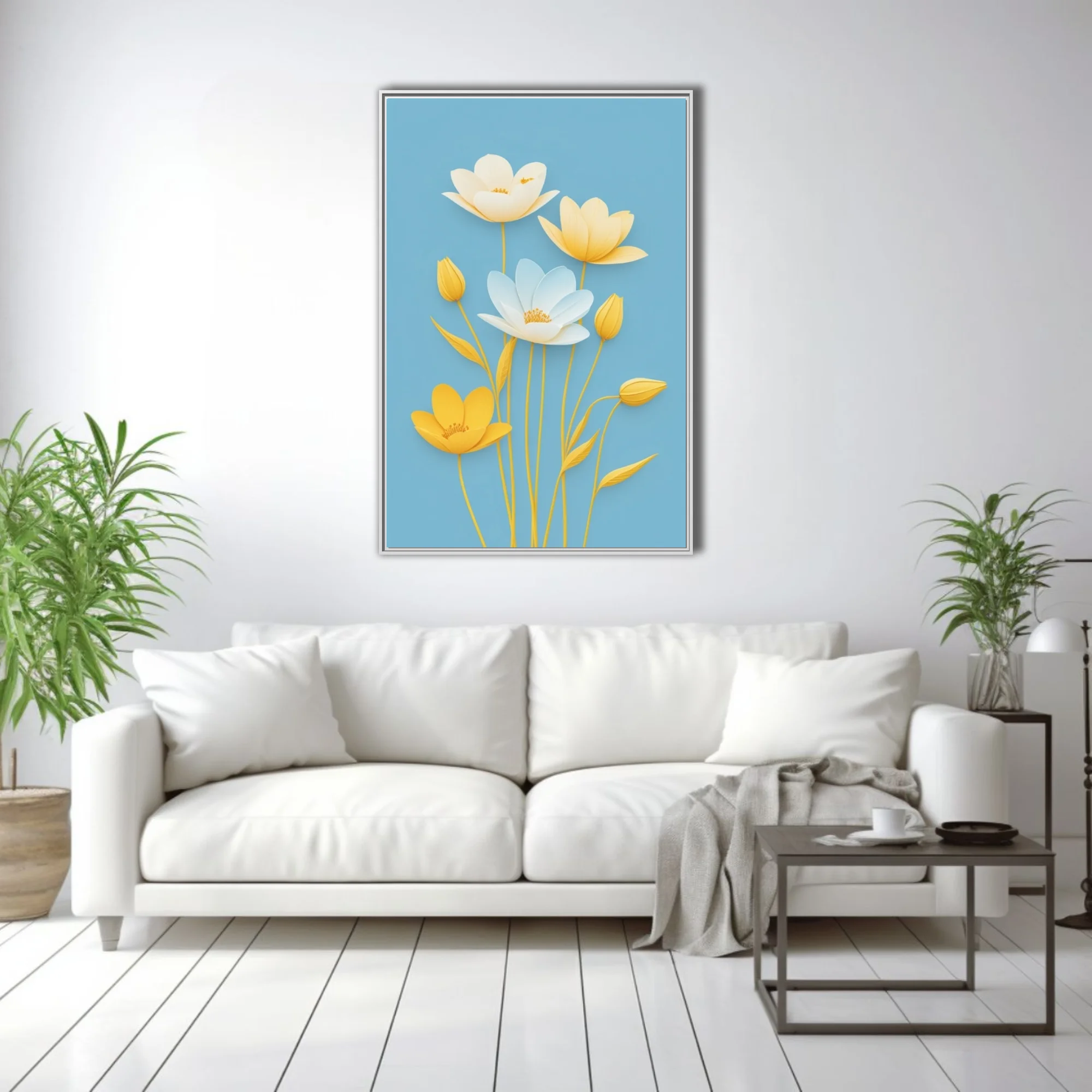 Paper-craft-style floral art, yellow and white blooms on soft blue background