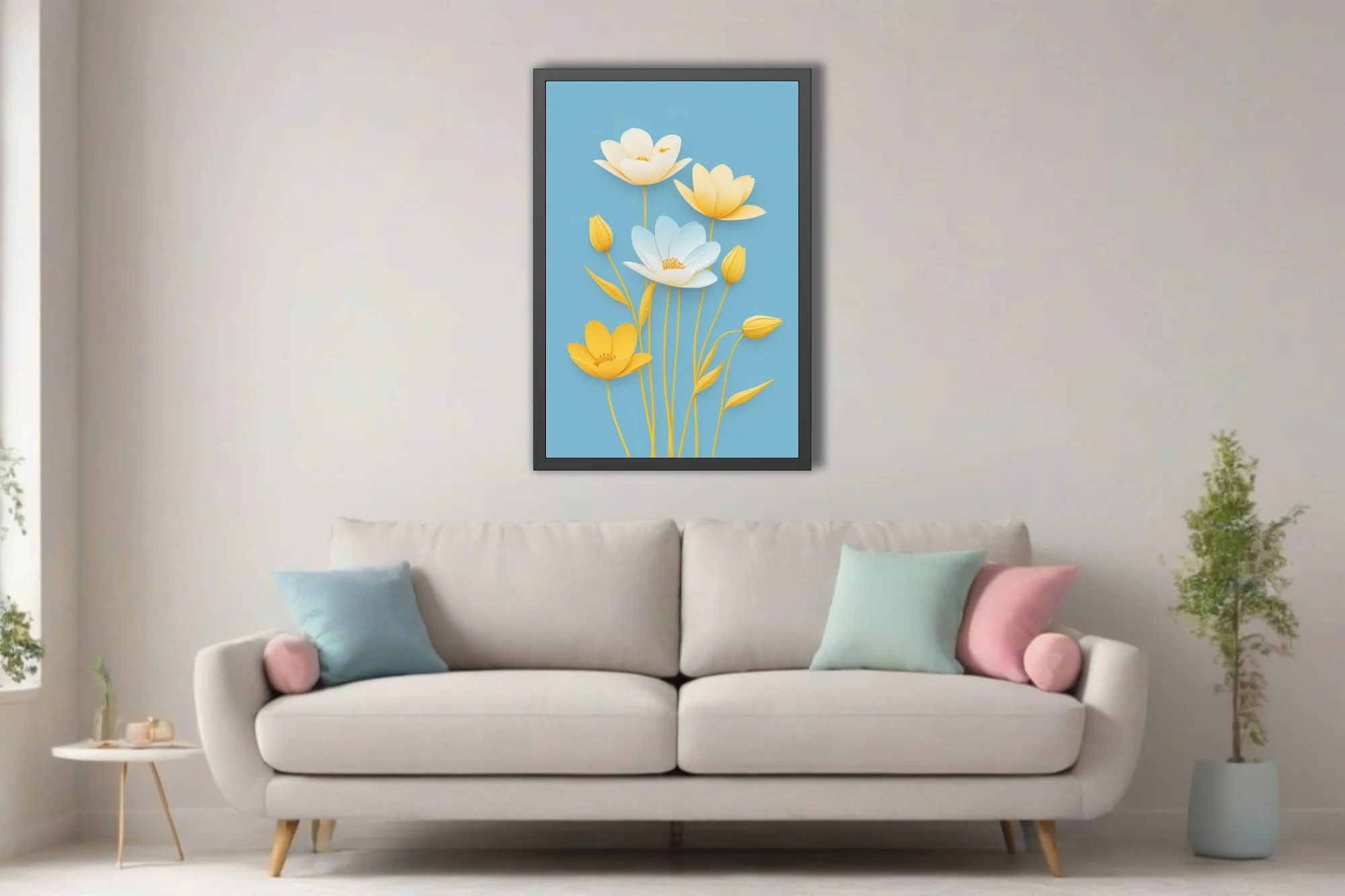 Paper-craft-style floral art, yellow and white blooms on soft blue background