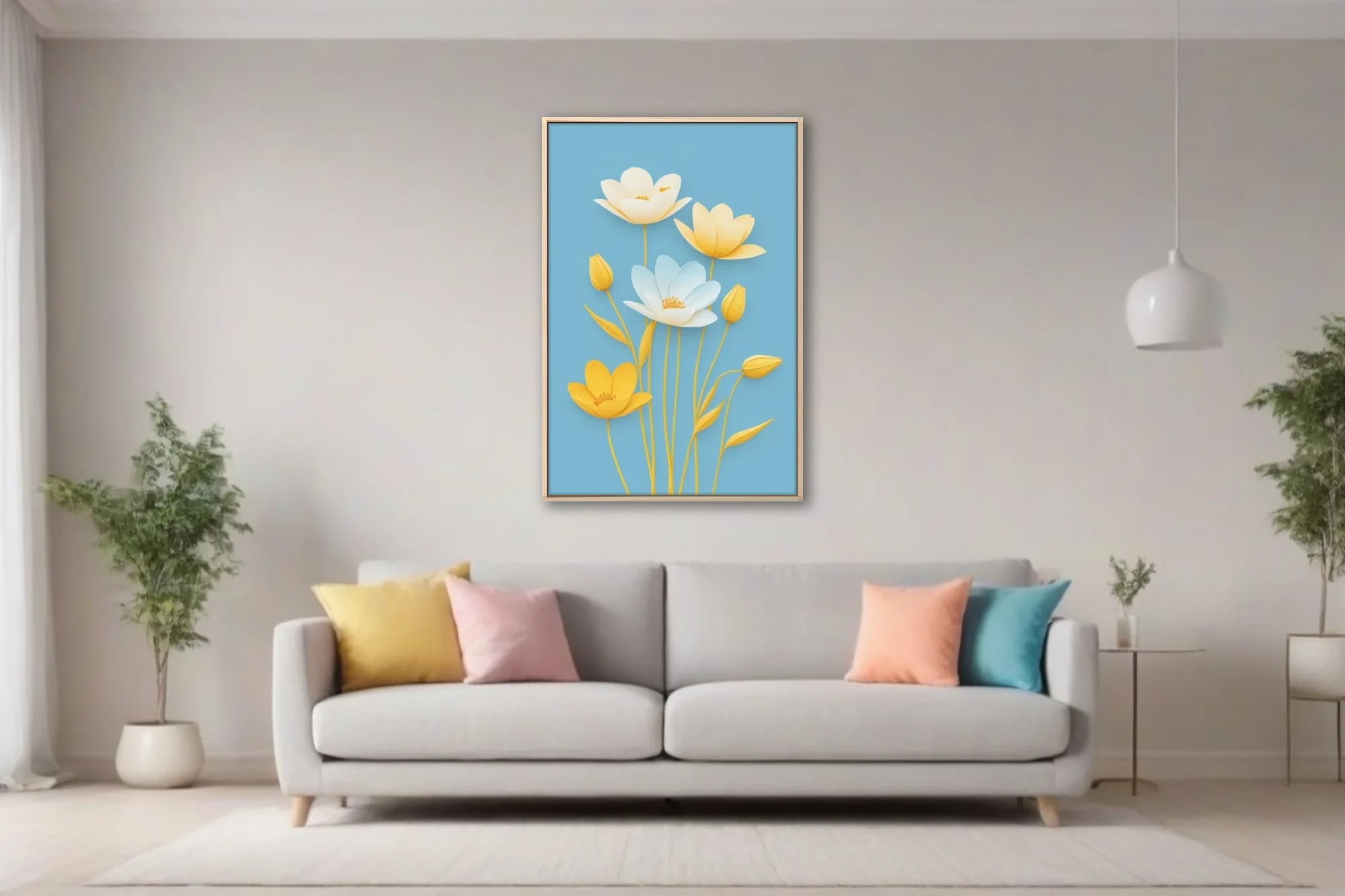 Paper-craft-style floral art, yellow and white blooms on soft blue background