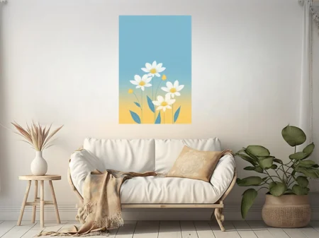 Minimalist flat floral illustration white daisies teal leaves blue yellow gradient