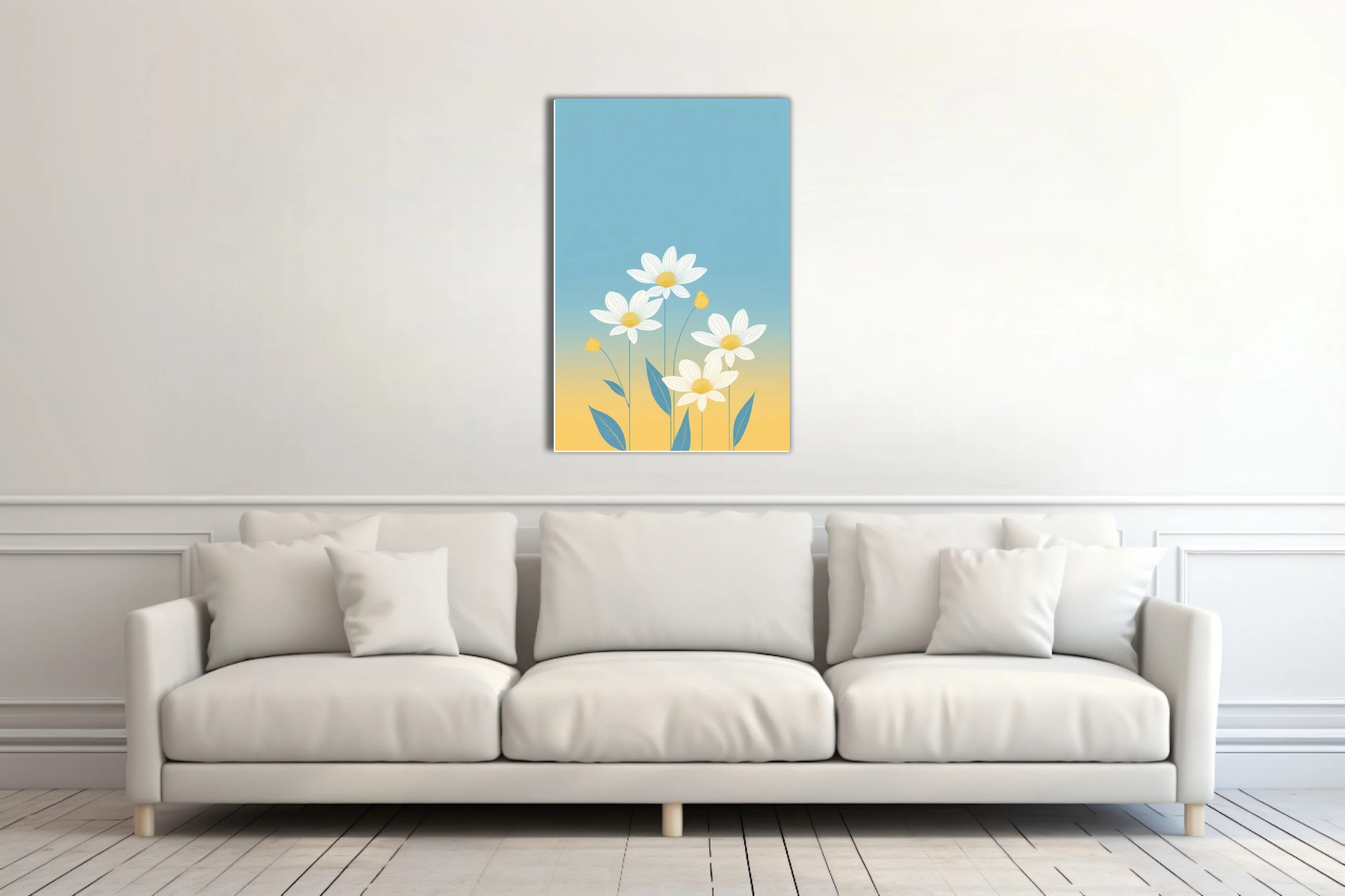 Minimalist flat floral illustration white daisies teal leaves blue yellow gradient