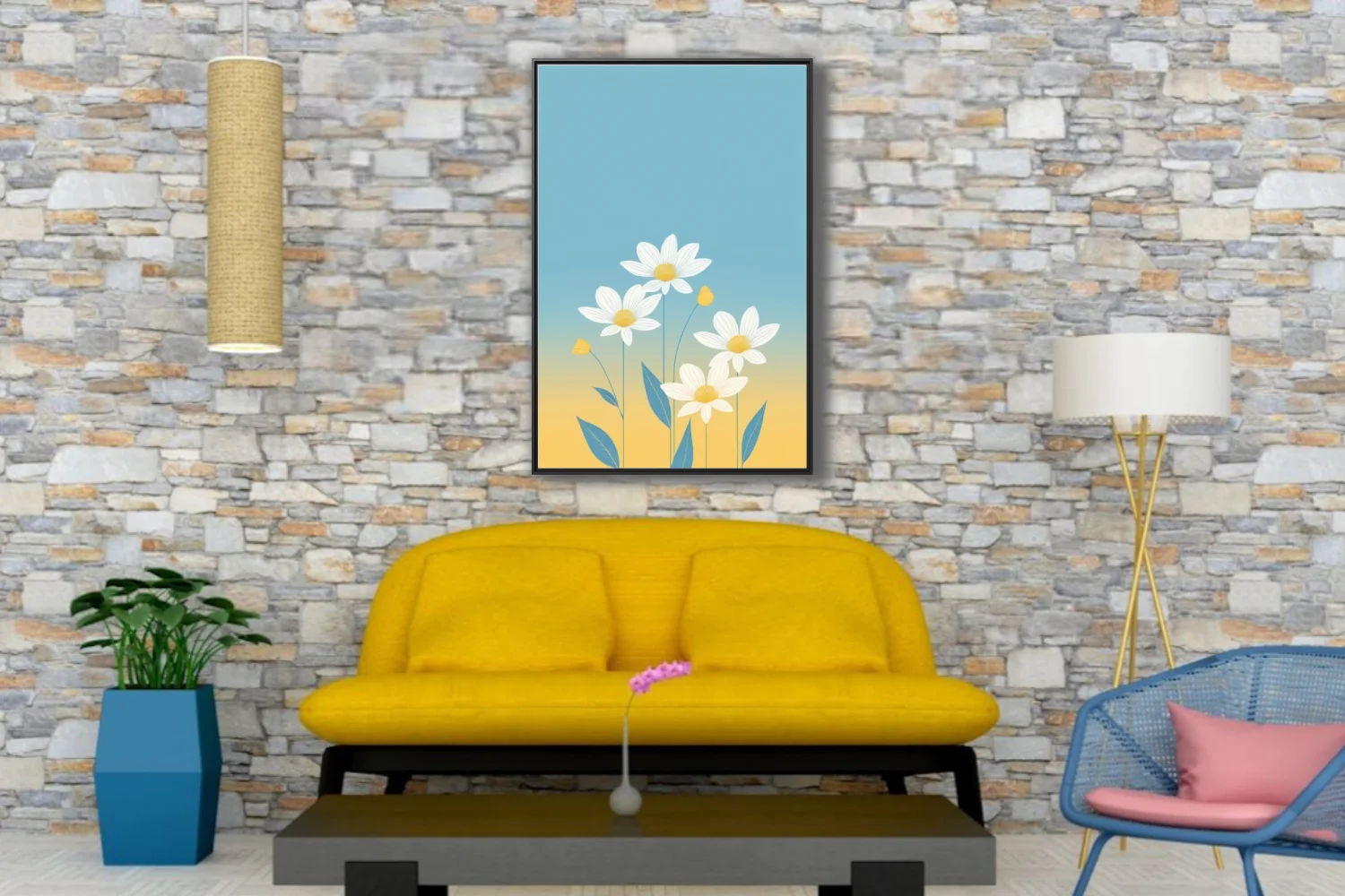 Minimalist flat floral illustration white daisies teal leaves blue yellow gradient