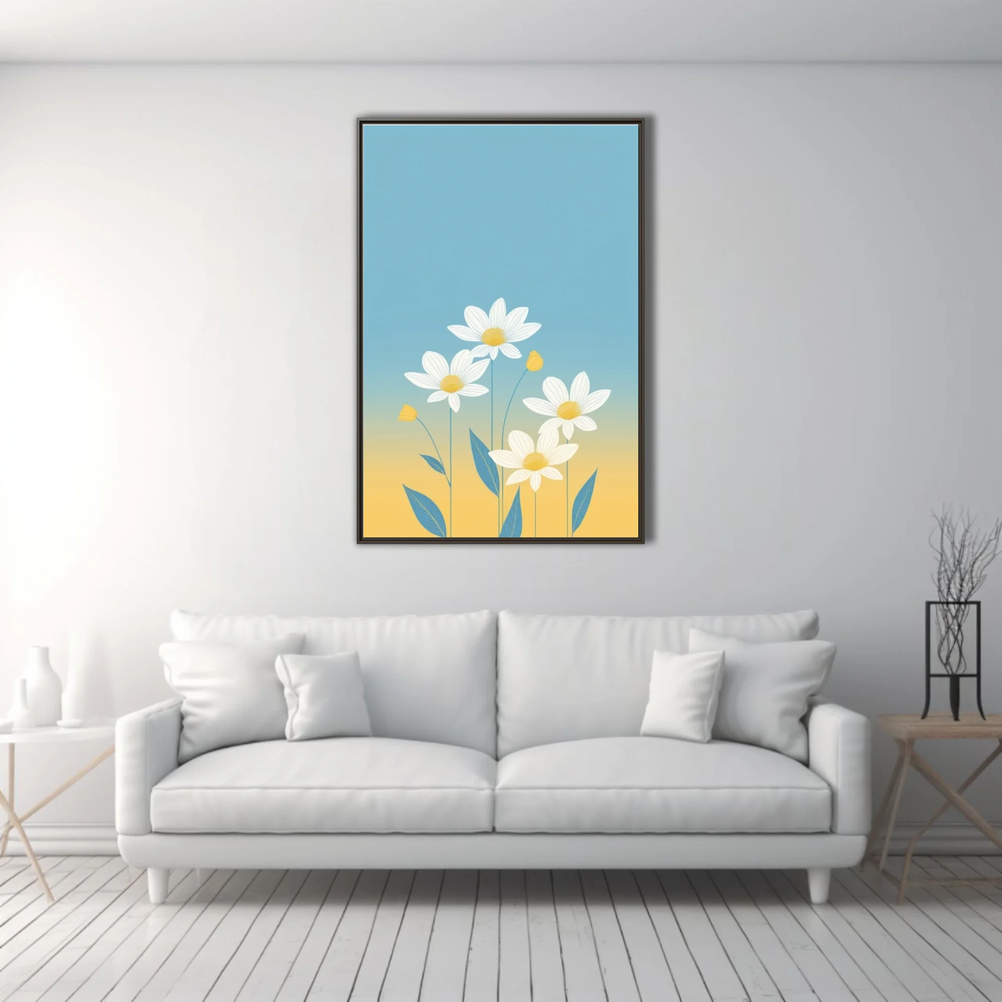 Minimalist flat floral illustration white daisies teal leaves blue yellow gradient
