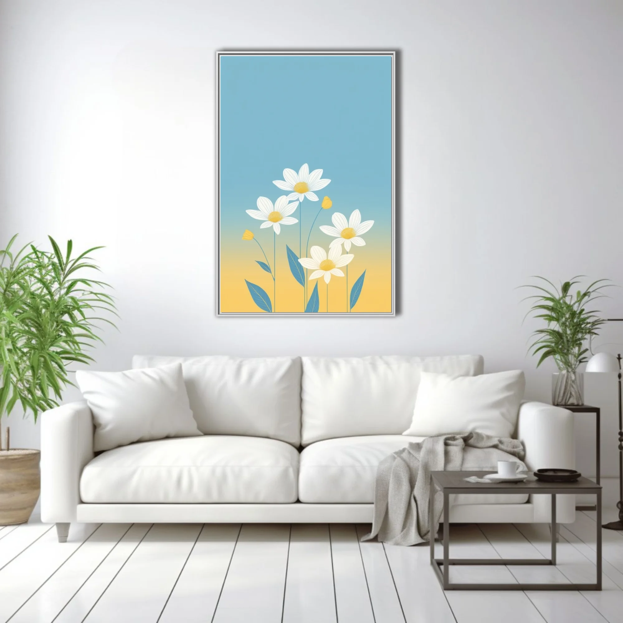 Minimalist flat floral illustration white daisies teal leaves blue yellow gradient