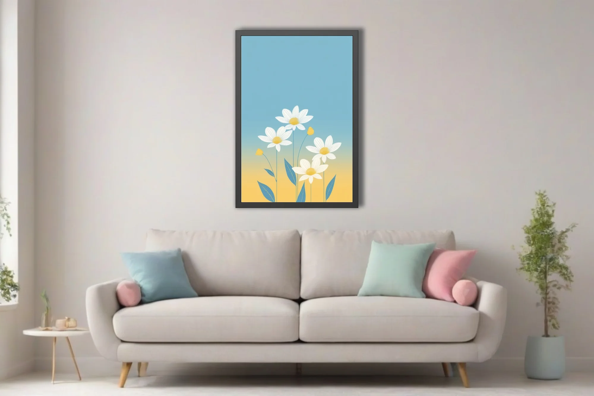 Minimalist flat floral illustration white daisies teal leaves blue yellow gradient