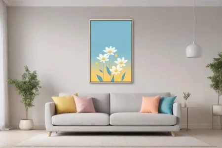 Minimalist flat floral illustration white daisies teal leaves blue yellow gradient