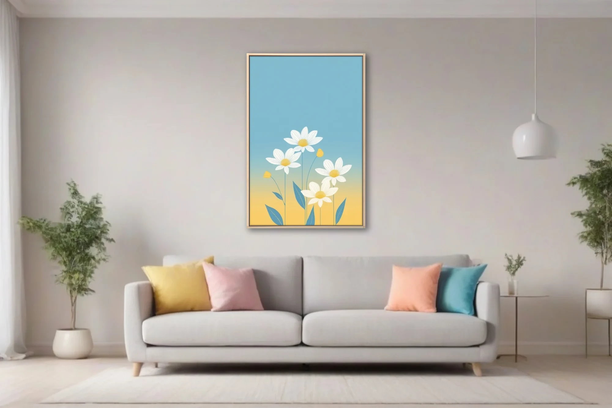 Minimalist flat floral illustration white daisies teal leaves blue yellow gradient