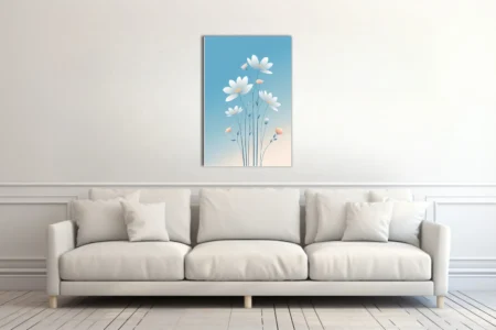 Minimalist white floral illustration on soft blue gradient background, pastel botanical wall art