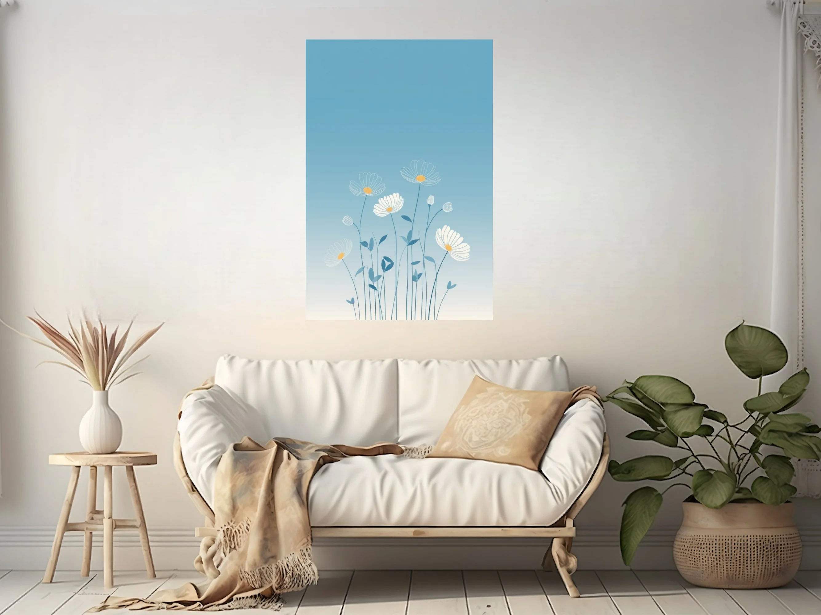 Minimalist botanical illustration of white daisy blooms on soft blue gradient