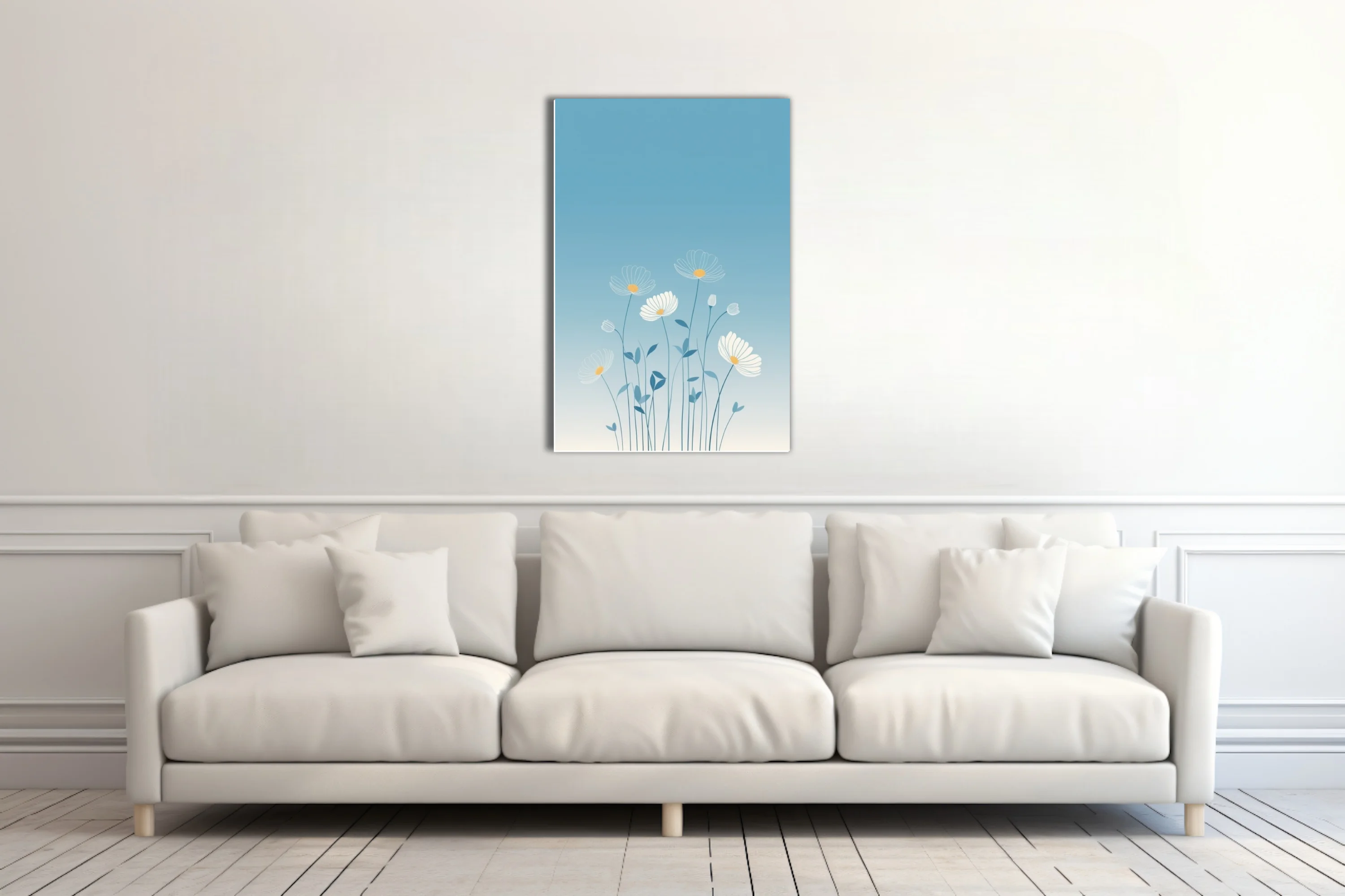 Minimalist botanical illustration of white daisy blooms on soft blue gradient