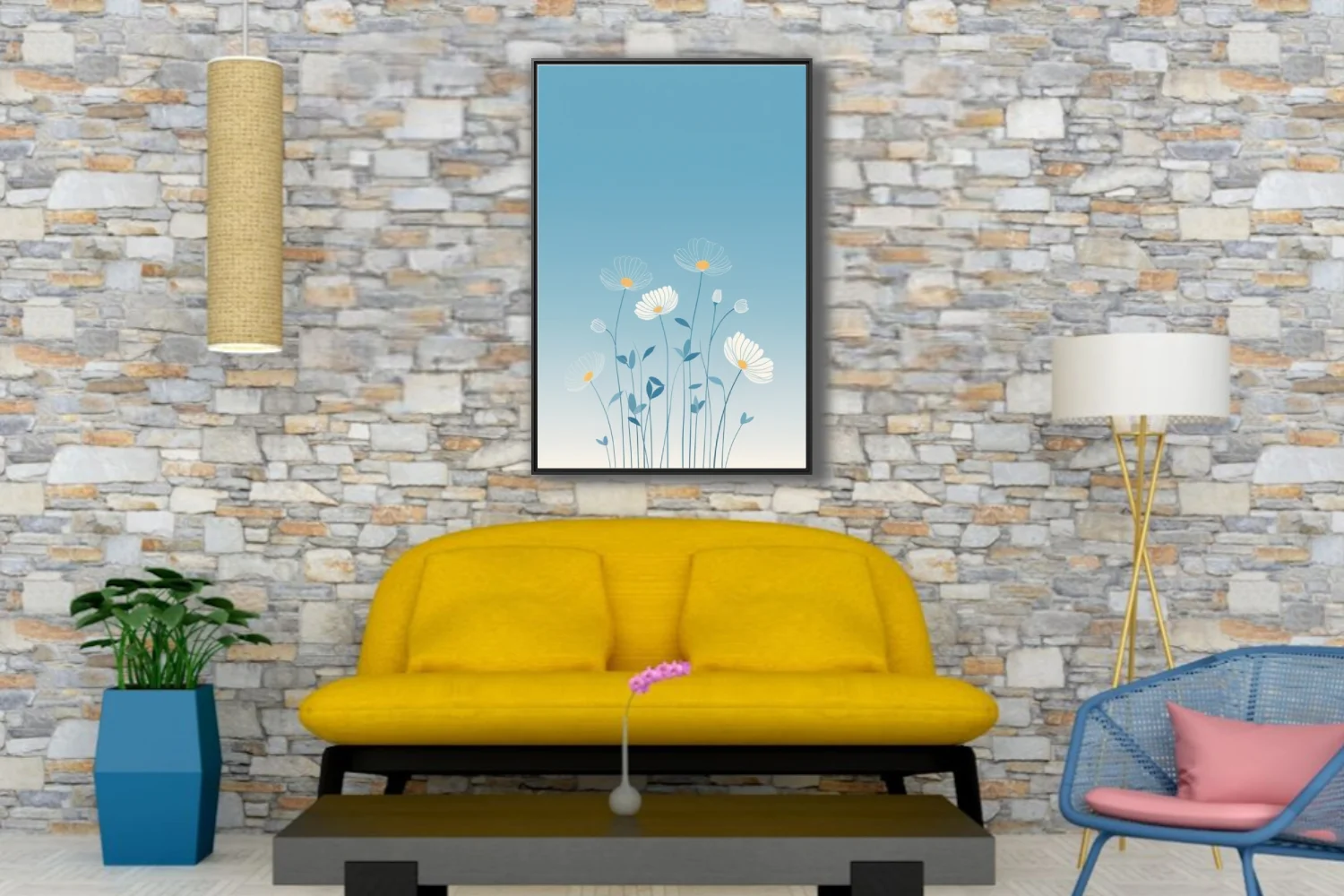 Minimalist botanical illustration of white daisy blooms on soft blue gradient