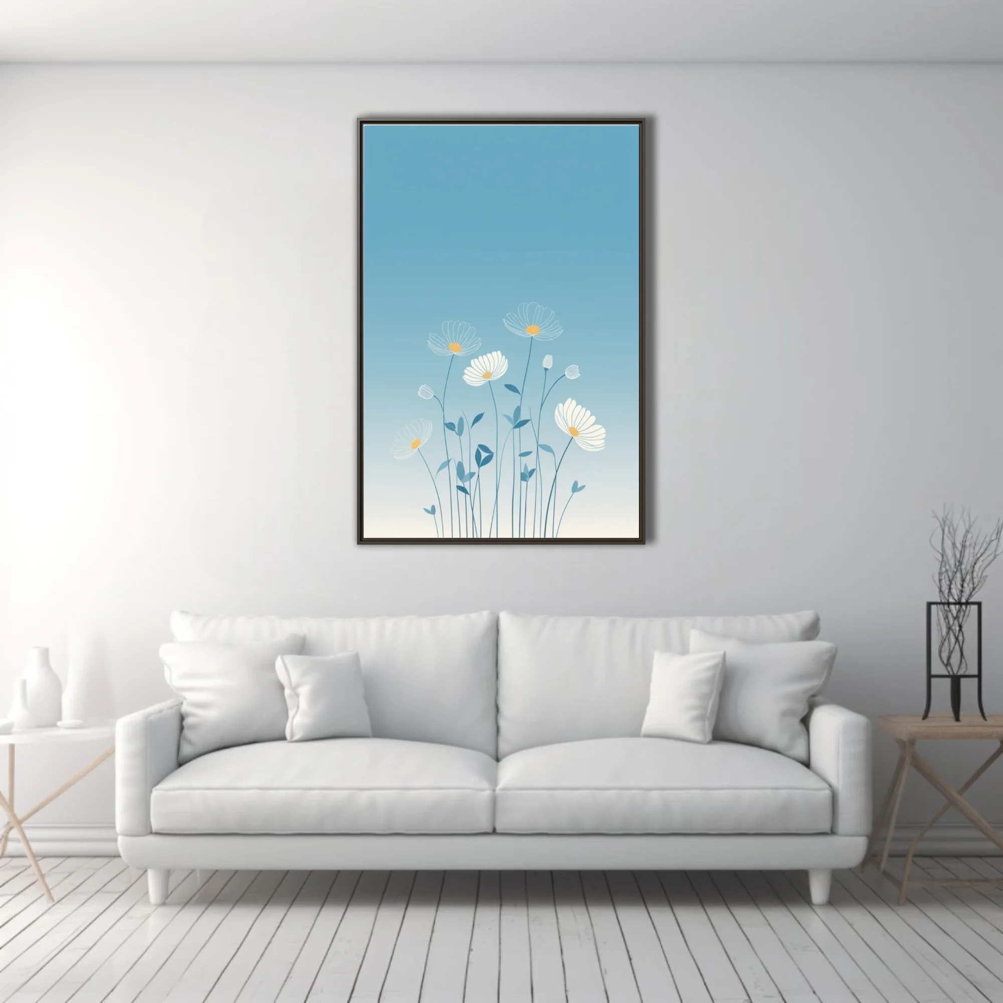 Minimalist botanical illustration of white daisy blooms on soft blue gradient