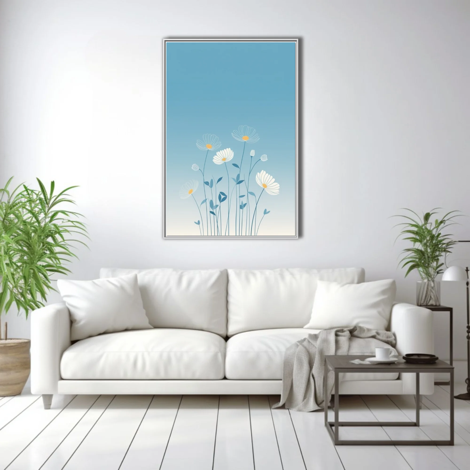 Minimalist botanical illustration of white daisy blooms on soft blue gradient