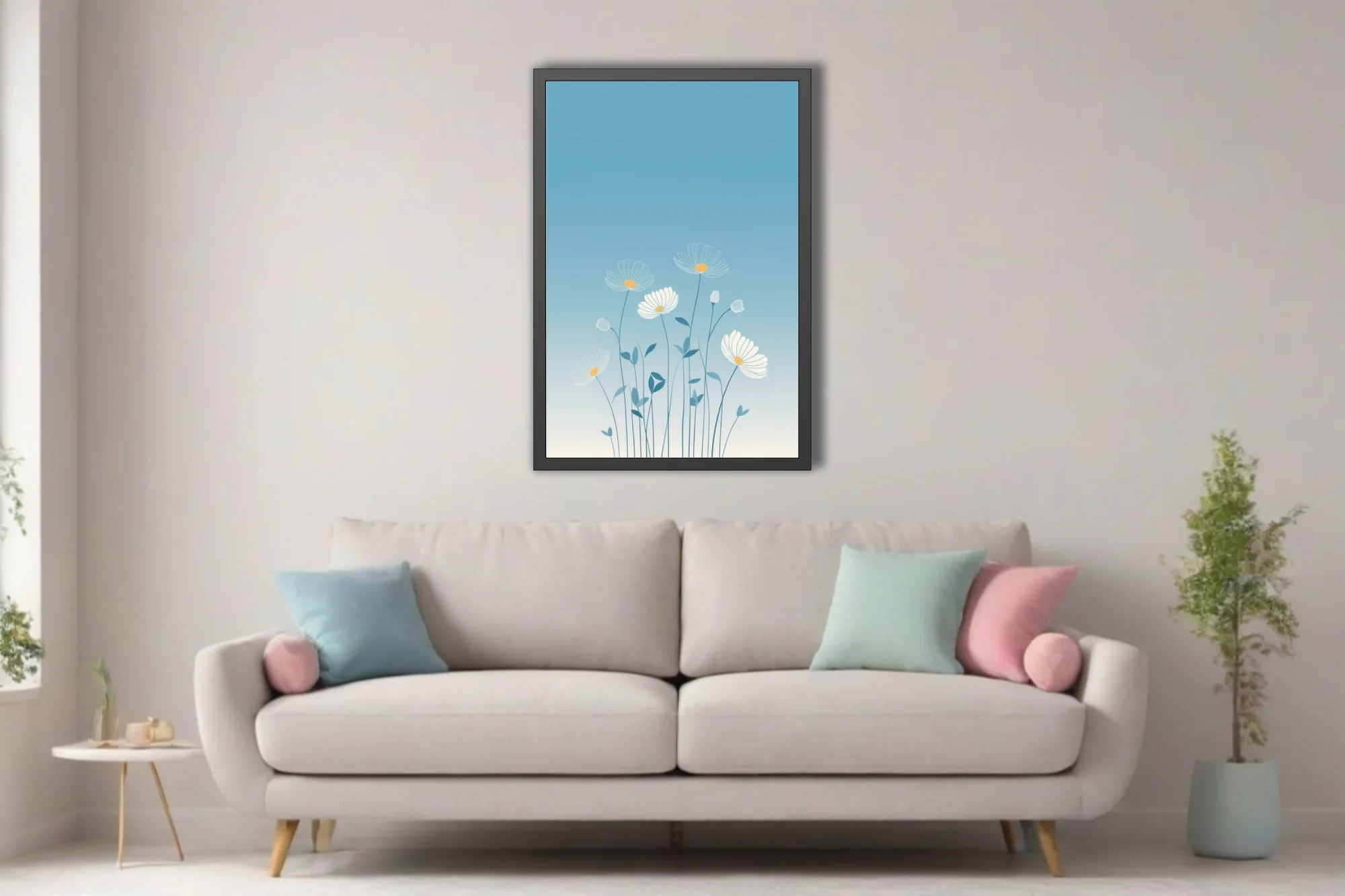 Minimalist botanical illustration of white daisy blooms on soft blue gradient