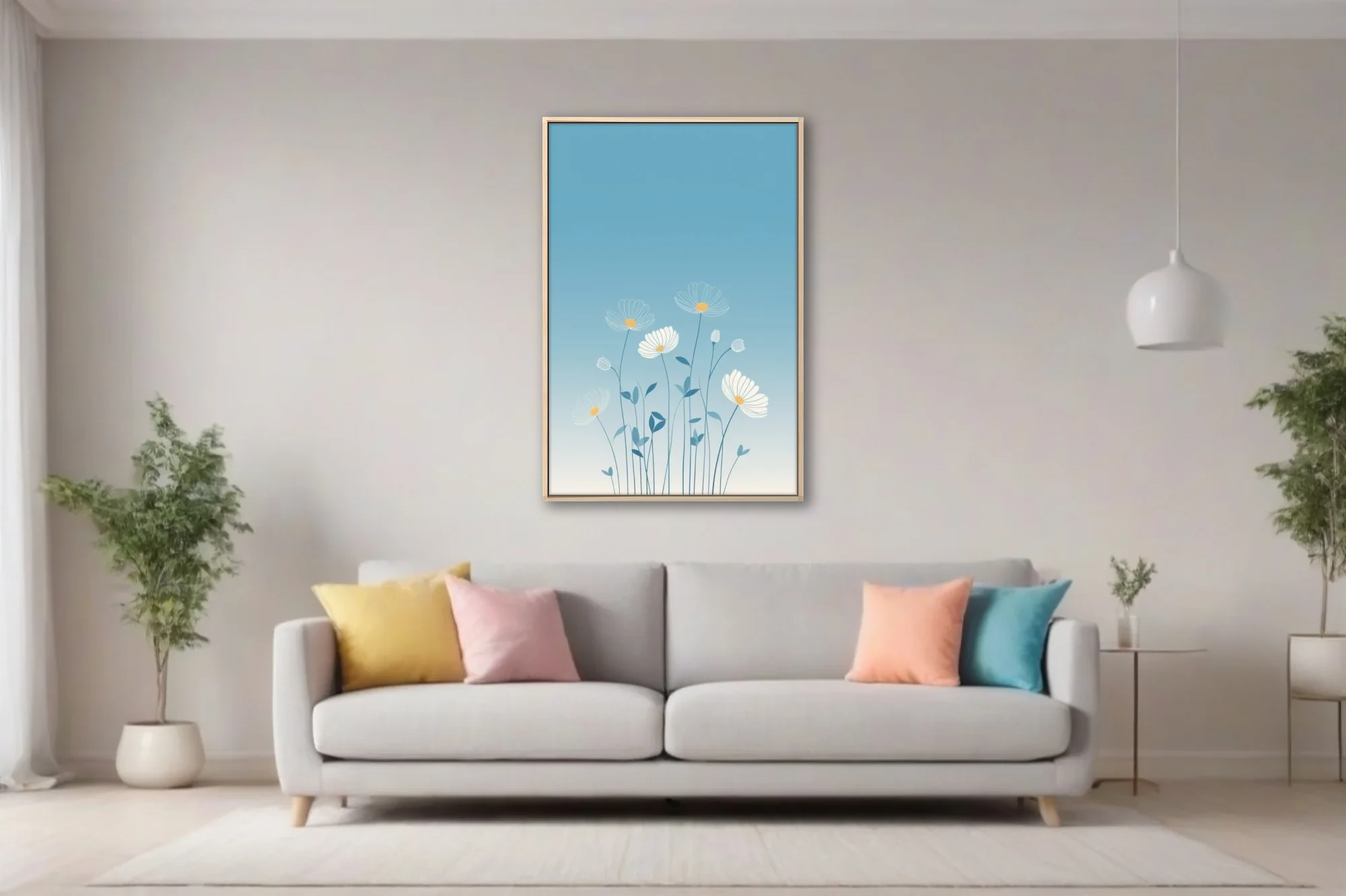 Minimalist botanical illustration of white daisy blooms on soft blue gradient