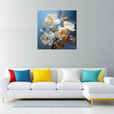 White floral artwork with gold accents on cool blue-gray textured background