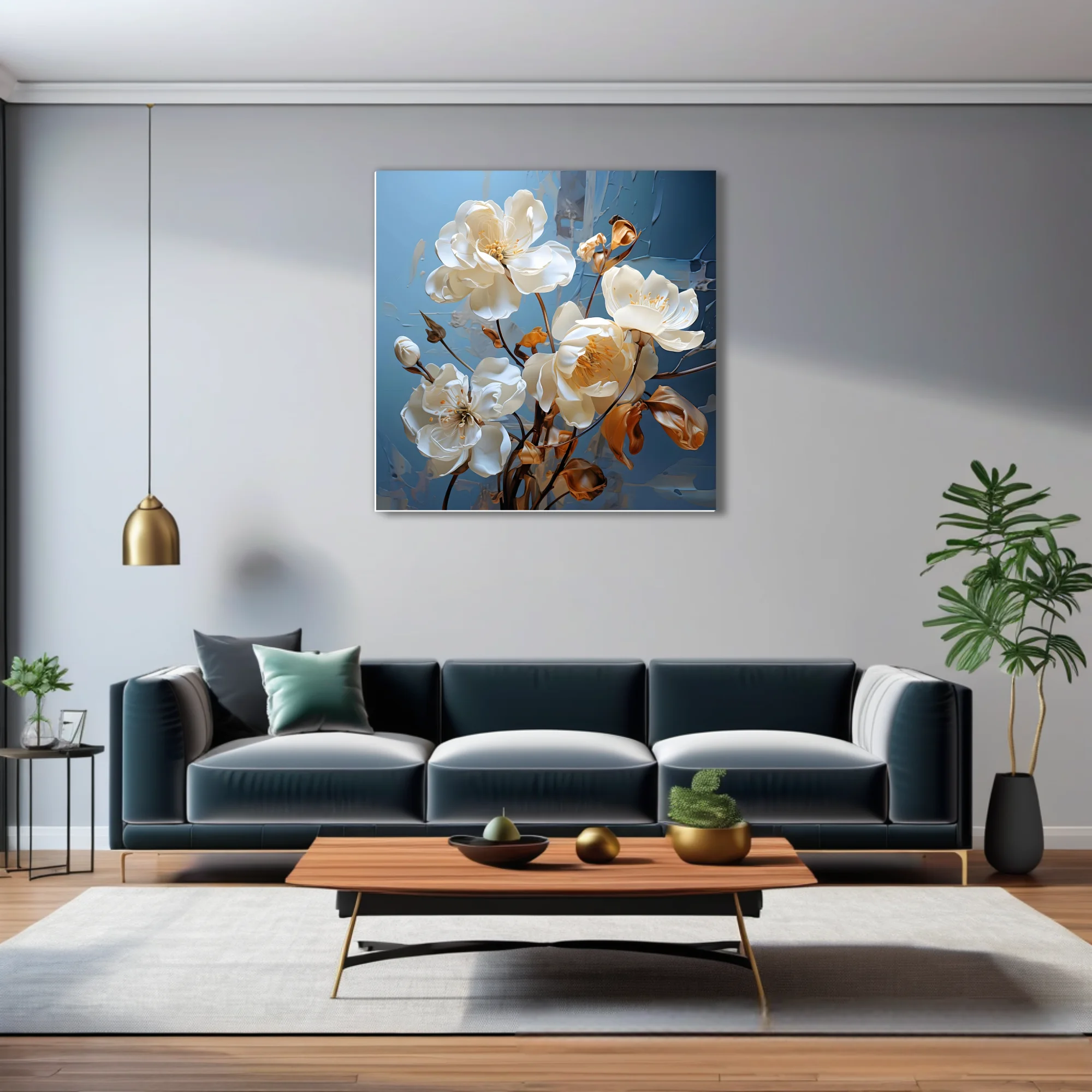 White floral artwork with gold accents on cool blue-gray textured background