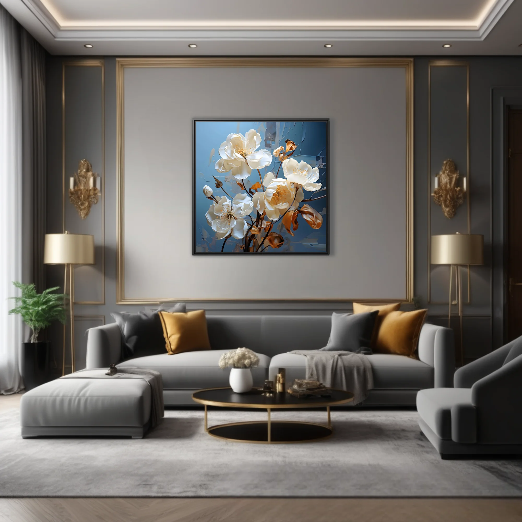 White floral artwork with gold accents on cool blue-gray textured background